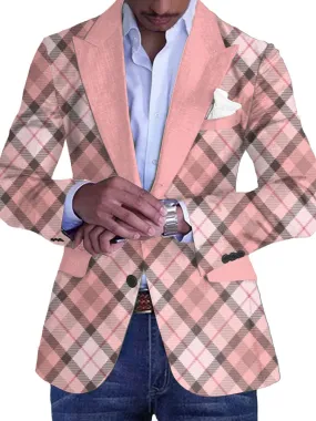 Men's Pink Plaid Print Single-Breasted Casual Blazer