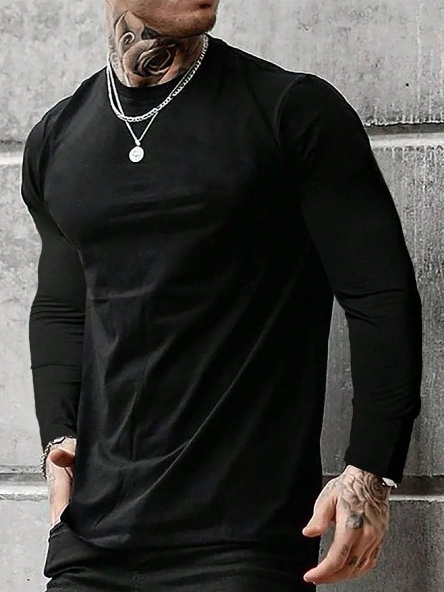Men's Round Neck Solid Color Casual Long Sleeve T-Shirt