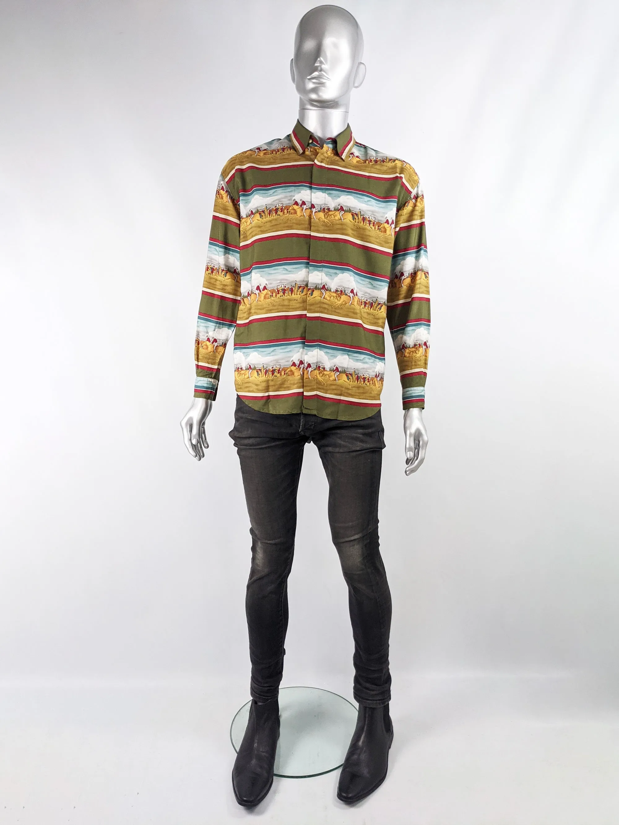 Mens Vintage Horse Racing Print Modal Shirt, 1980s