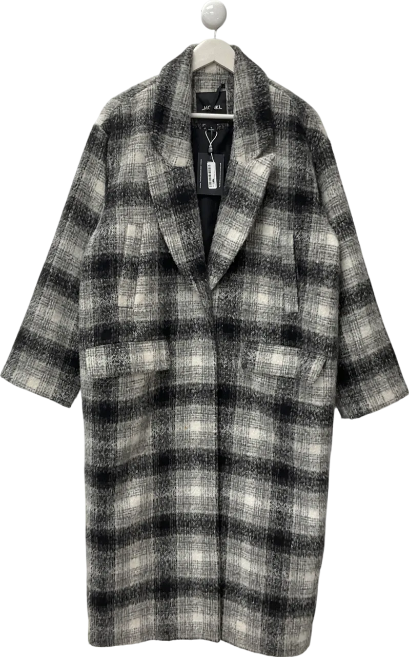 Monki Long Oversized Double-breasted Black And White Checkered Trench Coat UK M