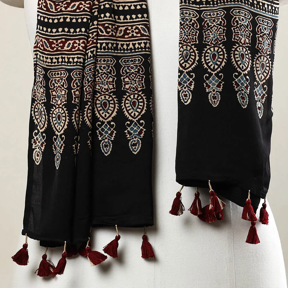Multicolor - Ajrakh Block Printed Modal Silk Stole with Tassels