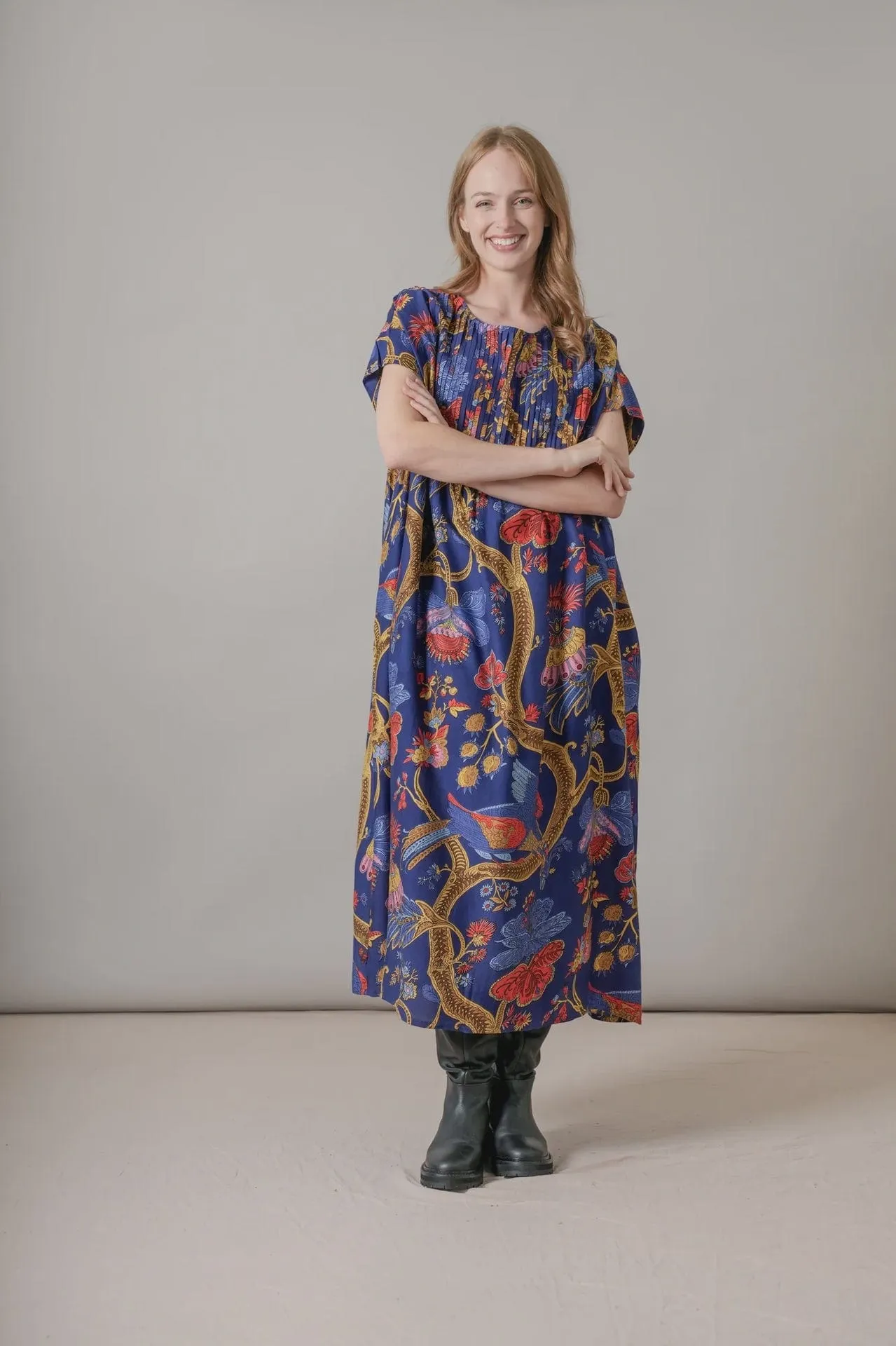 One Hundred Stars Climbing Peacock Royal Blue Pleat Dress