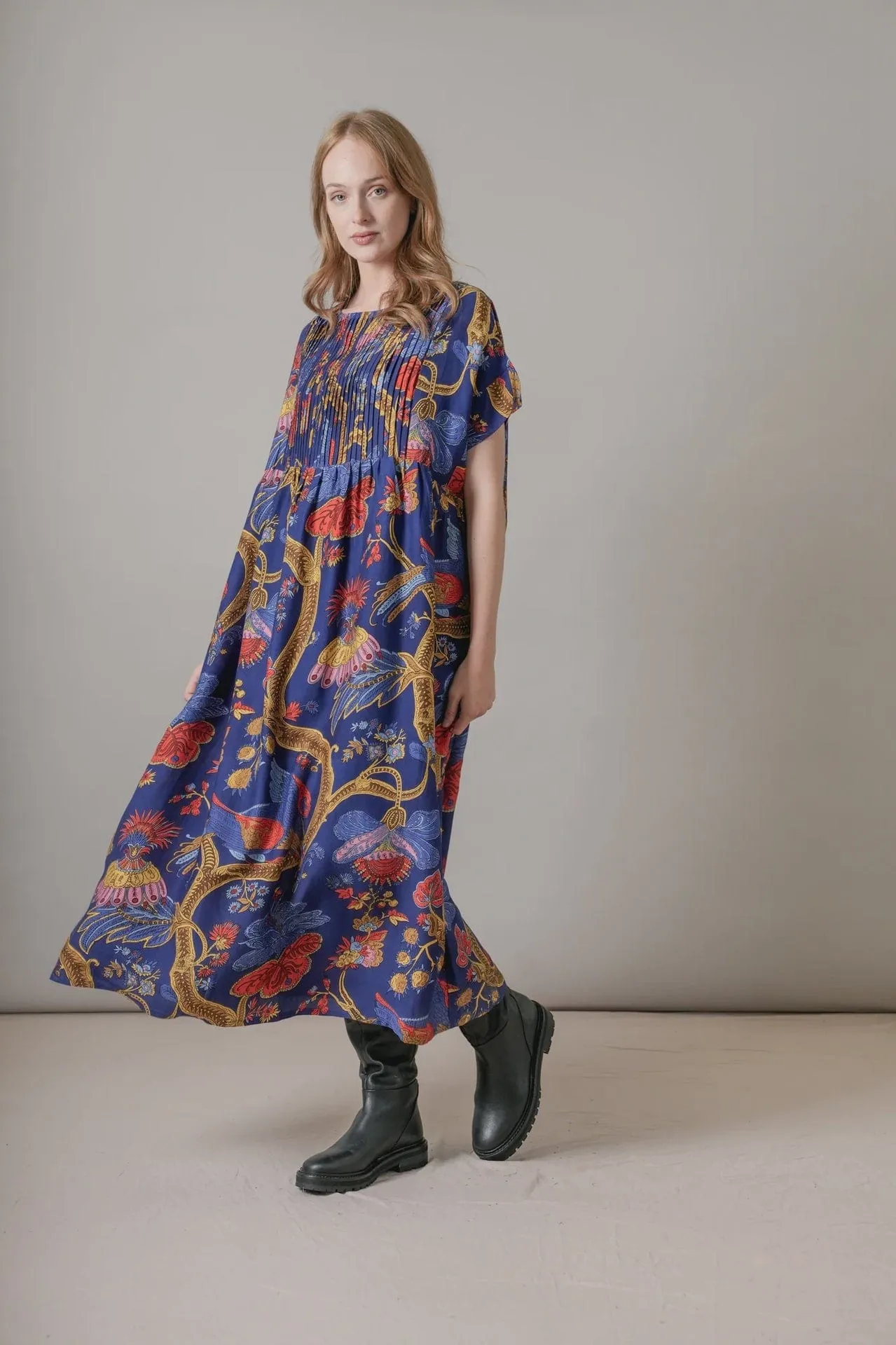 One Hundred Stars Climbing Peacock Royal Blue Pleat Dress