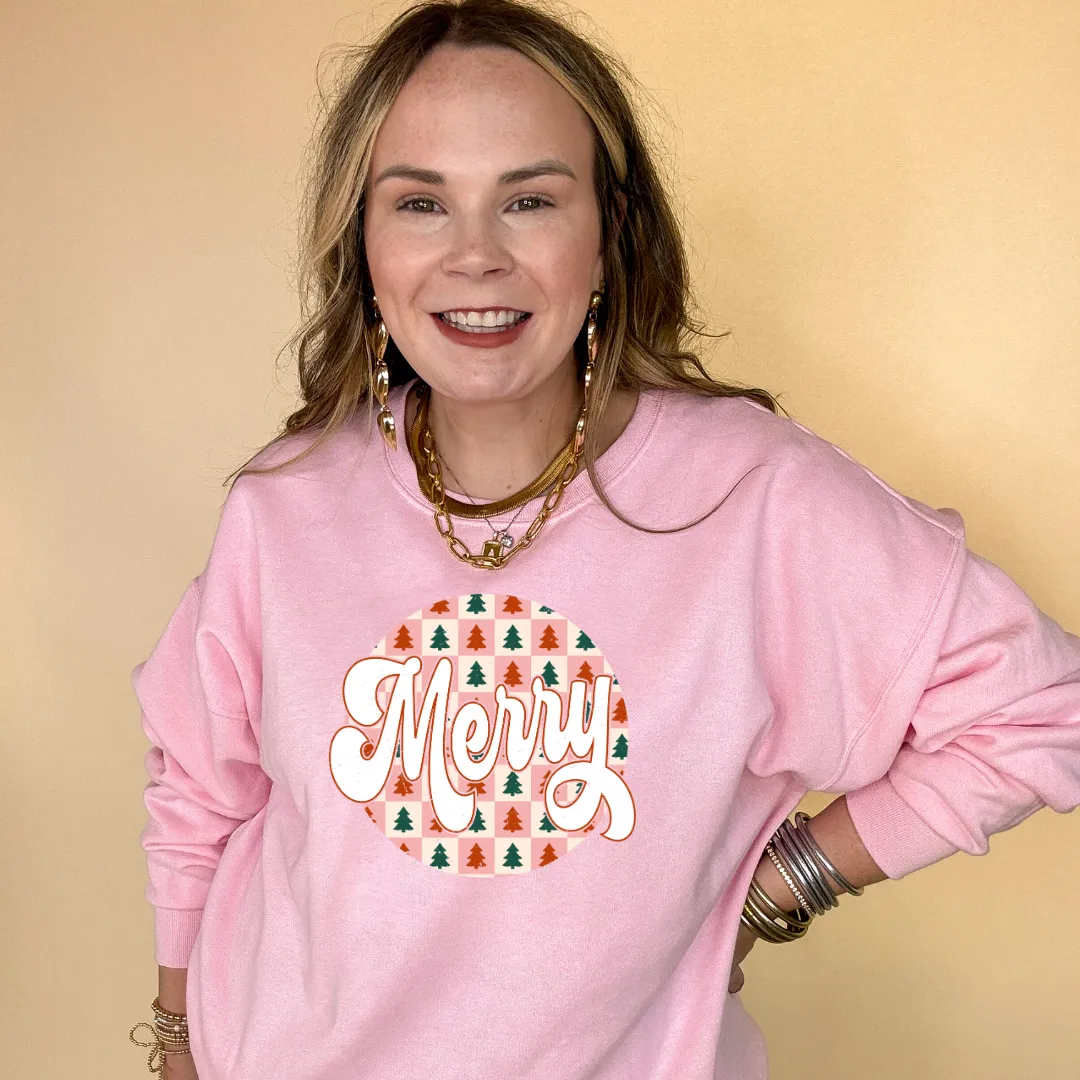 Online Exclusive | Merry on a Christmas Tree Checkered Background Graphic Sweatshirt in Multiple Color Options