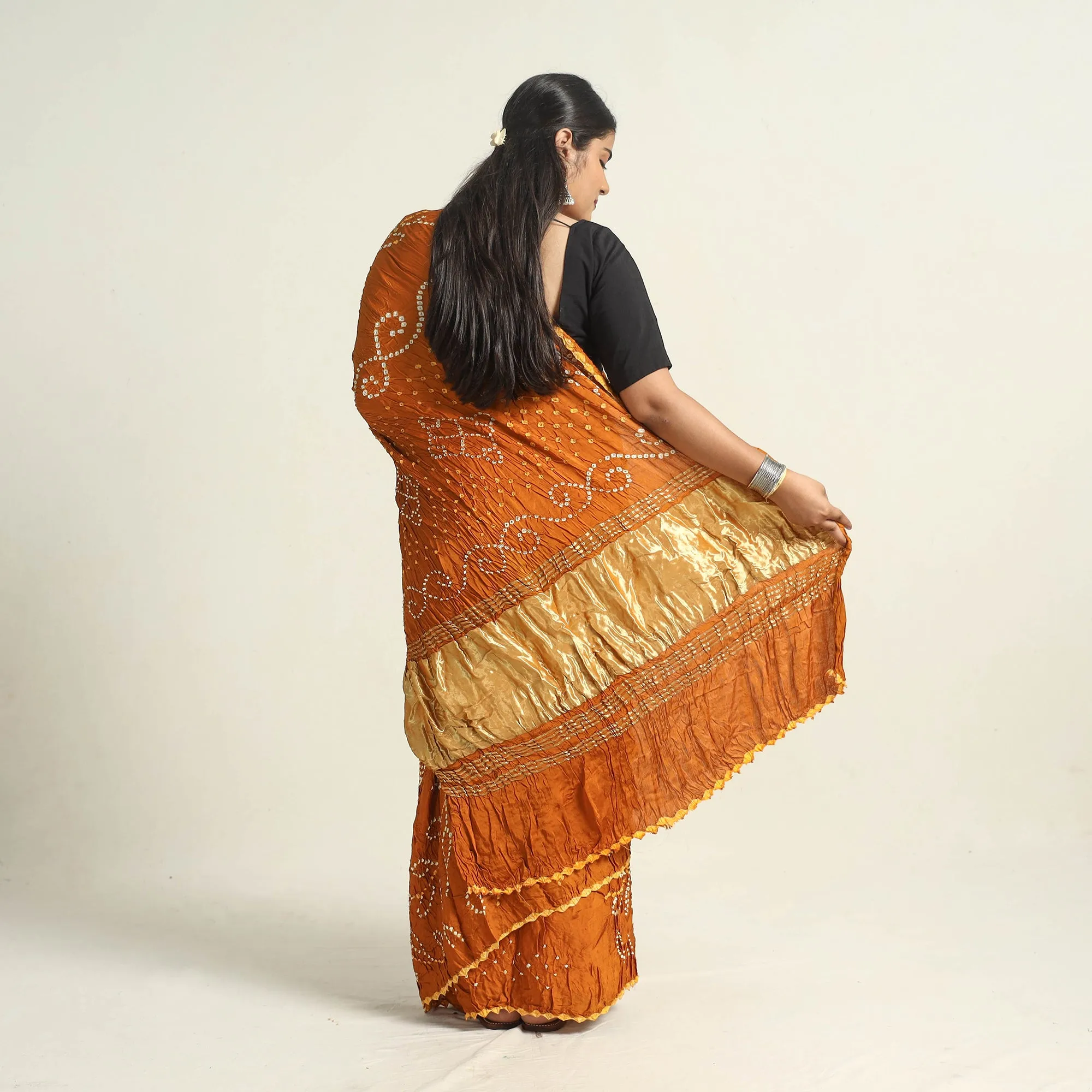 Orange - Kutch Tie-Dye Modal Silk Bandhani Saree with Zari Border 60