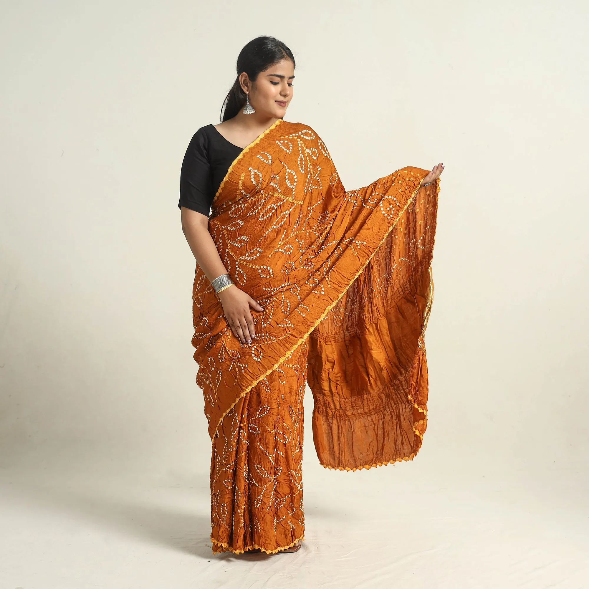 Orange - Kutch Tie-Dye Modal Silk Bandhani Saree with Zari Border 60