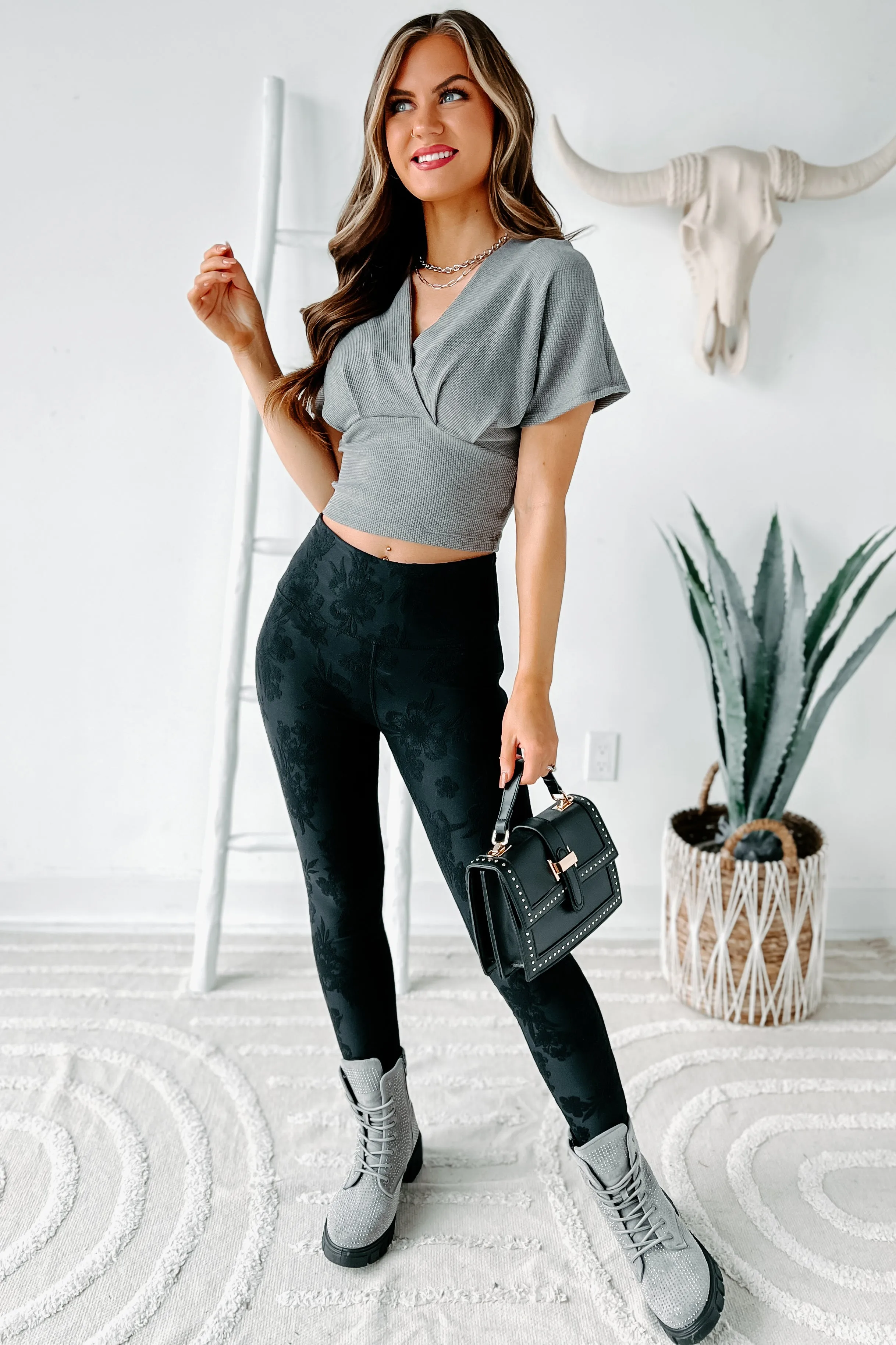 Perfectly Poised Waffle Knit Crop Top (Charcoal)