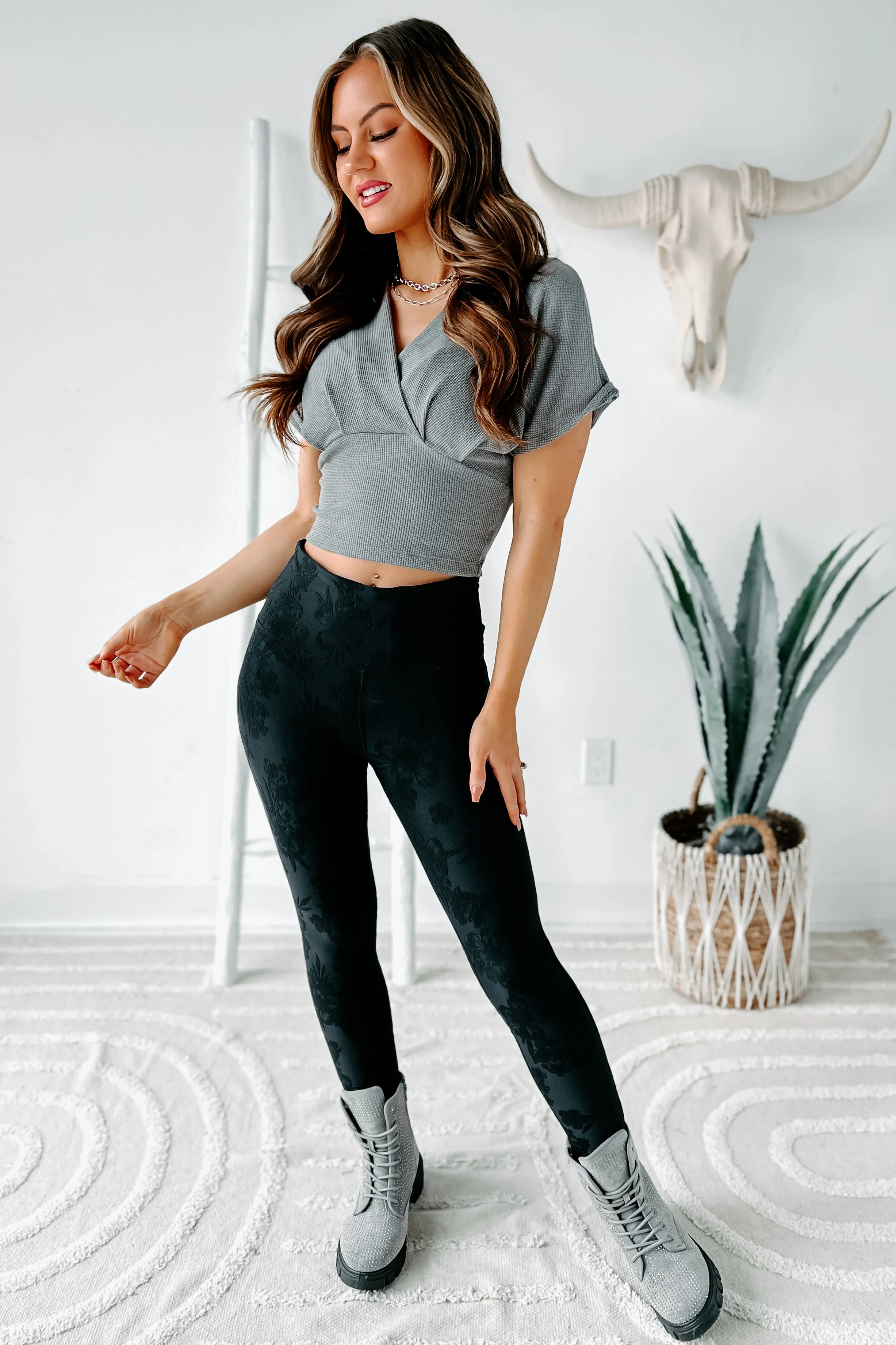 Perfectly Poised Waffle Knit Crop Top (Charcoal)