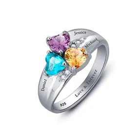 Personalized 925 Sterling Silver Ring- 3 Custom Birthstones and 3 Names Engraved Band