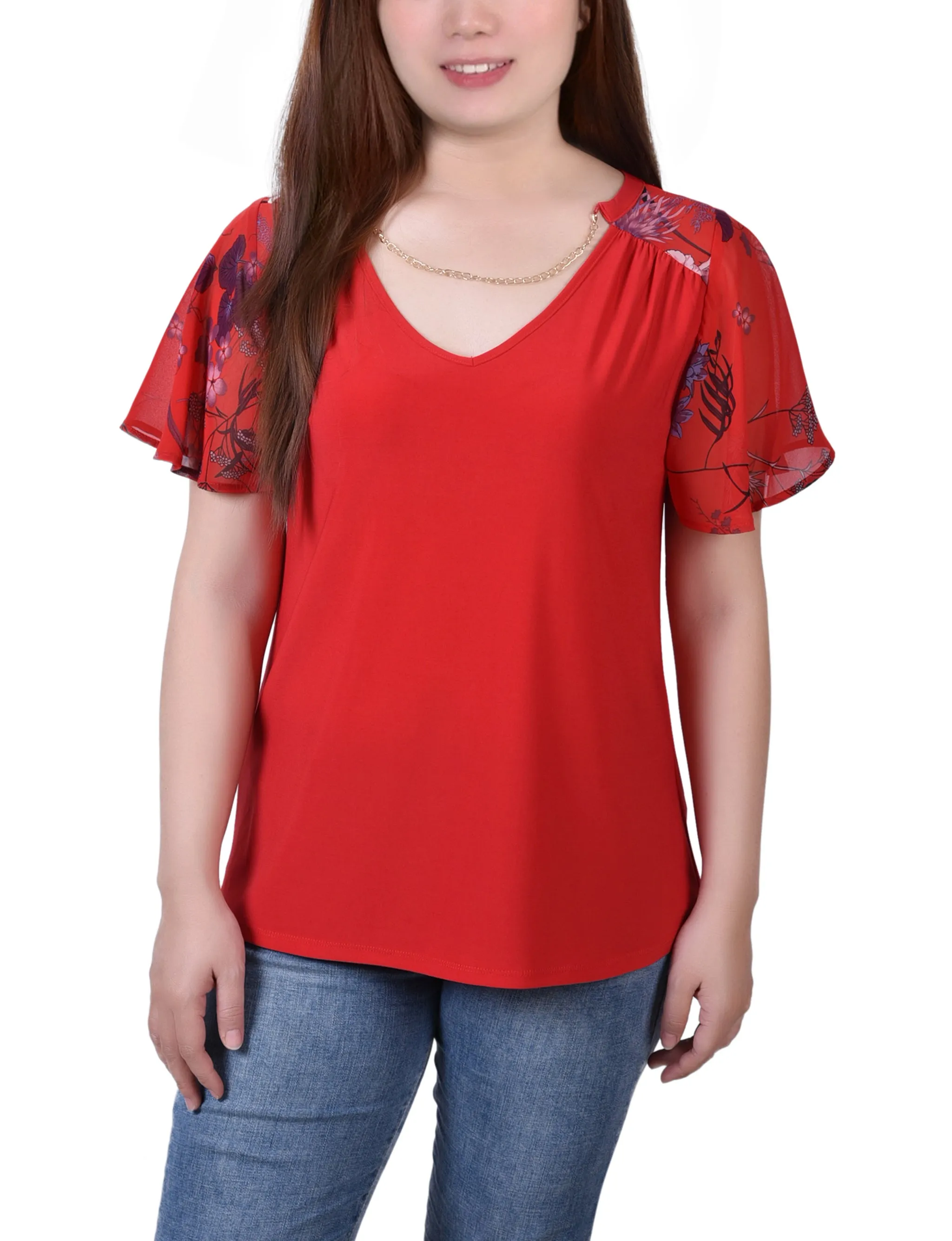 Petite Combo Chiffon-Sleeve V Neck Top