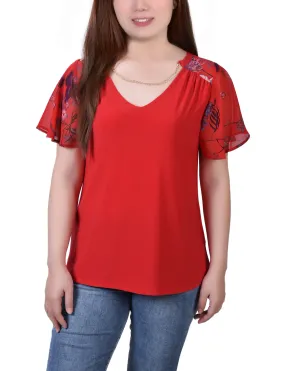 Petite Combo Chiffon-Sleeve V Neck Top