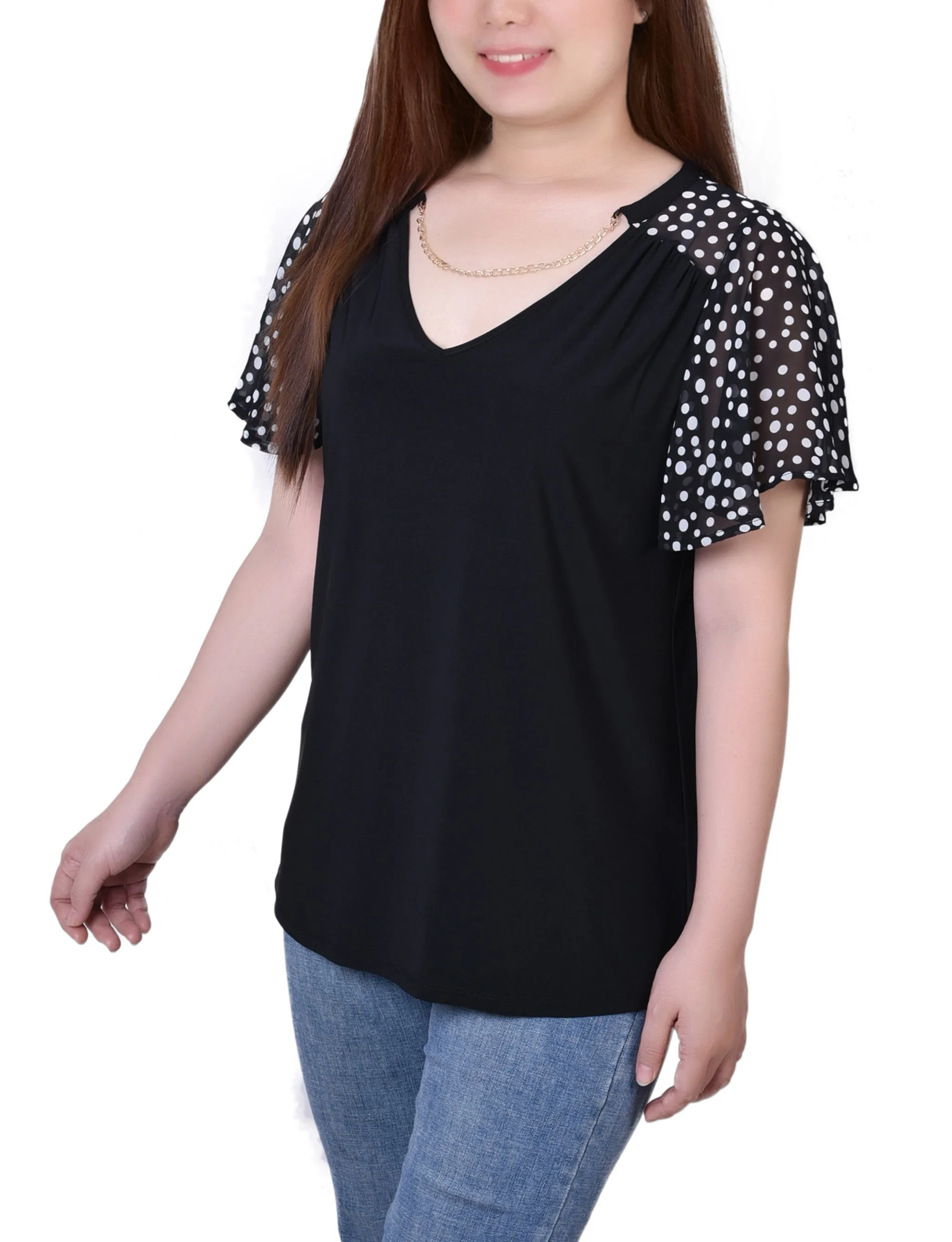 Petite Combo Chiffon-Sleeve V Neck Top