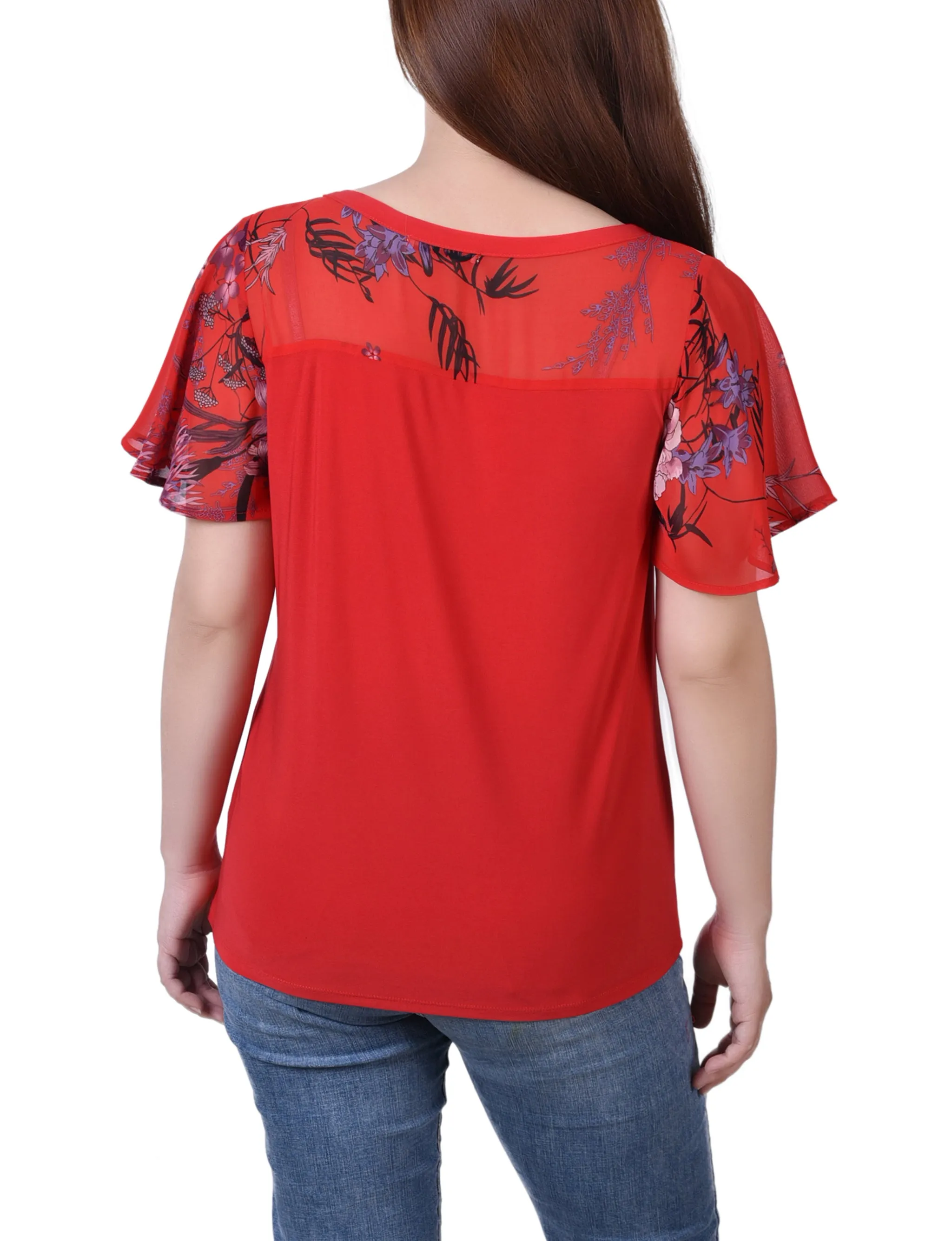 Petite Combo Chiffon-Sleeve V Neck Top