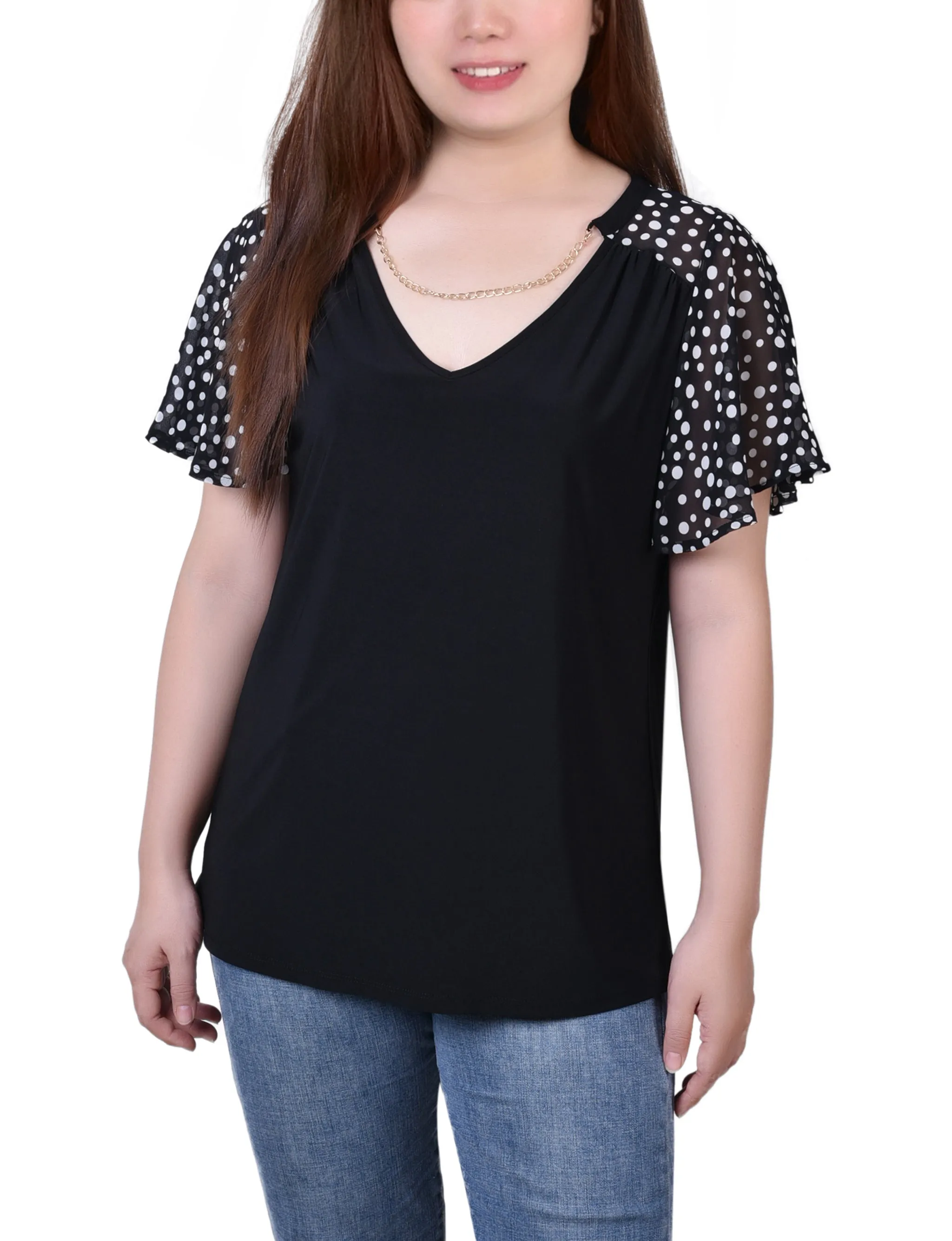 Petite Combo Chiffon-Sleeve V Neck Top