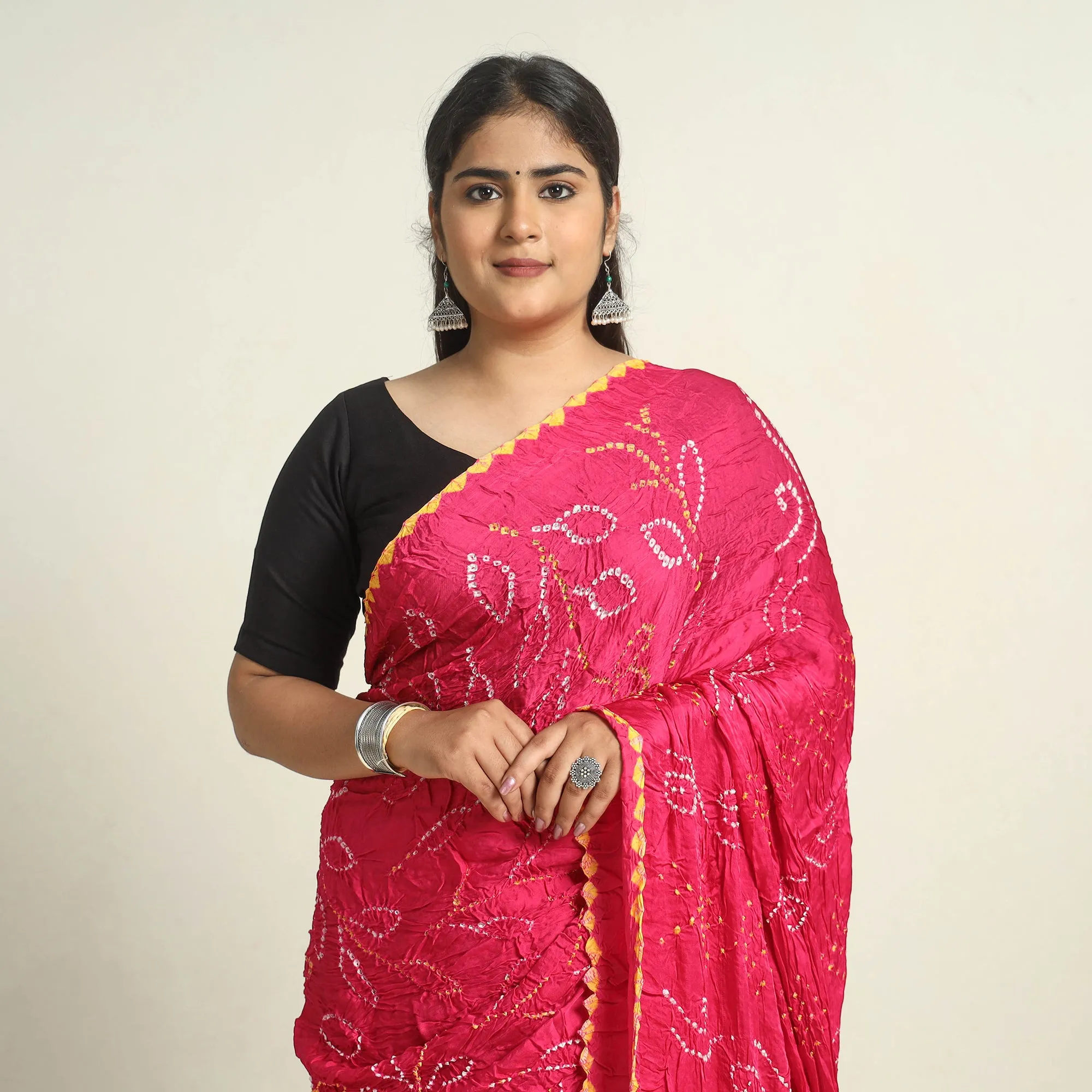Pink - Kutch Tie-Dye Modal Silk Bandhani Saree with Zari Border 67