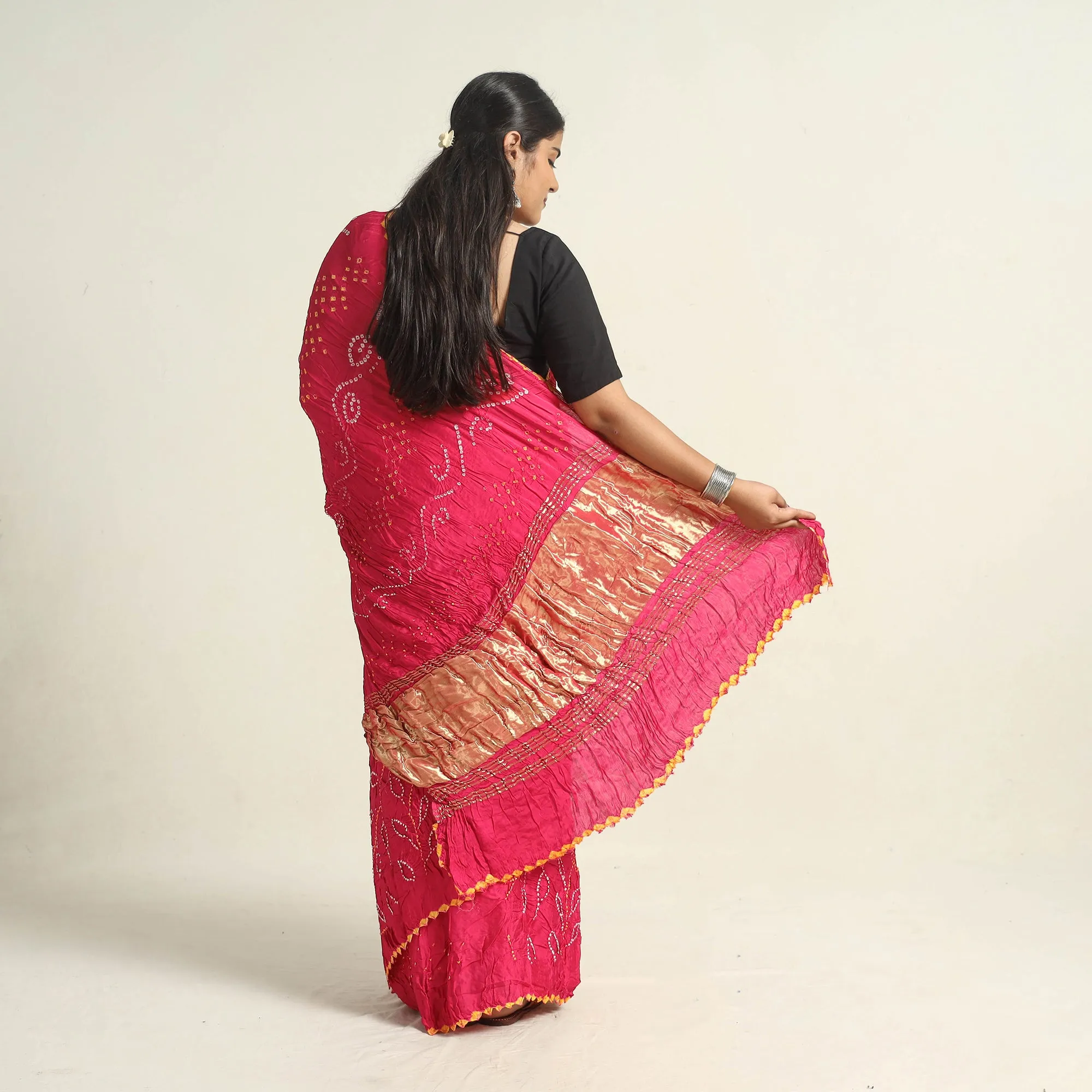 Pink - Kutch Tie-Dye Modal Silk Bandhani Saree with Zari Border 67