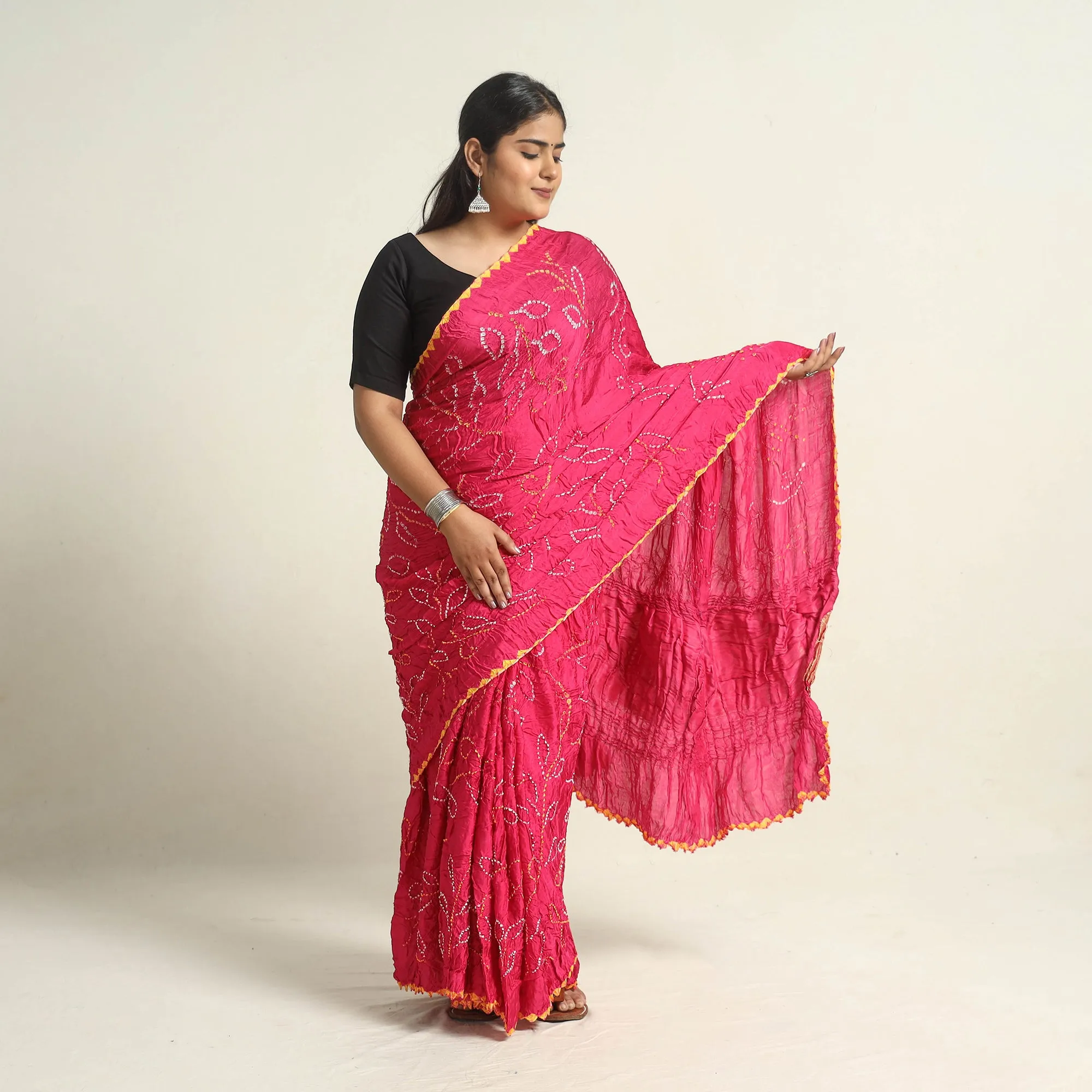 Pink - Kutch Tie-Dye Modal Silk Bandhani Saree with Zari Border 67