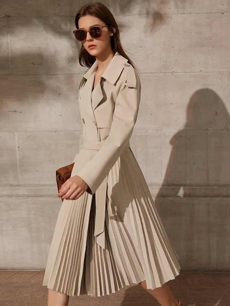 Pleated Double Breasted Belt Trench Coat