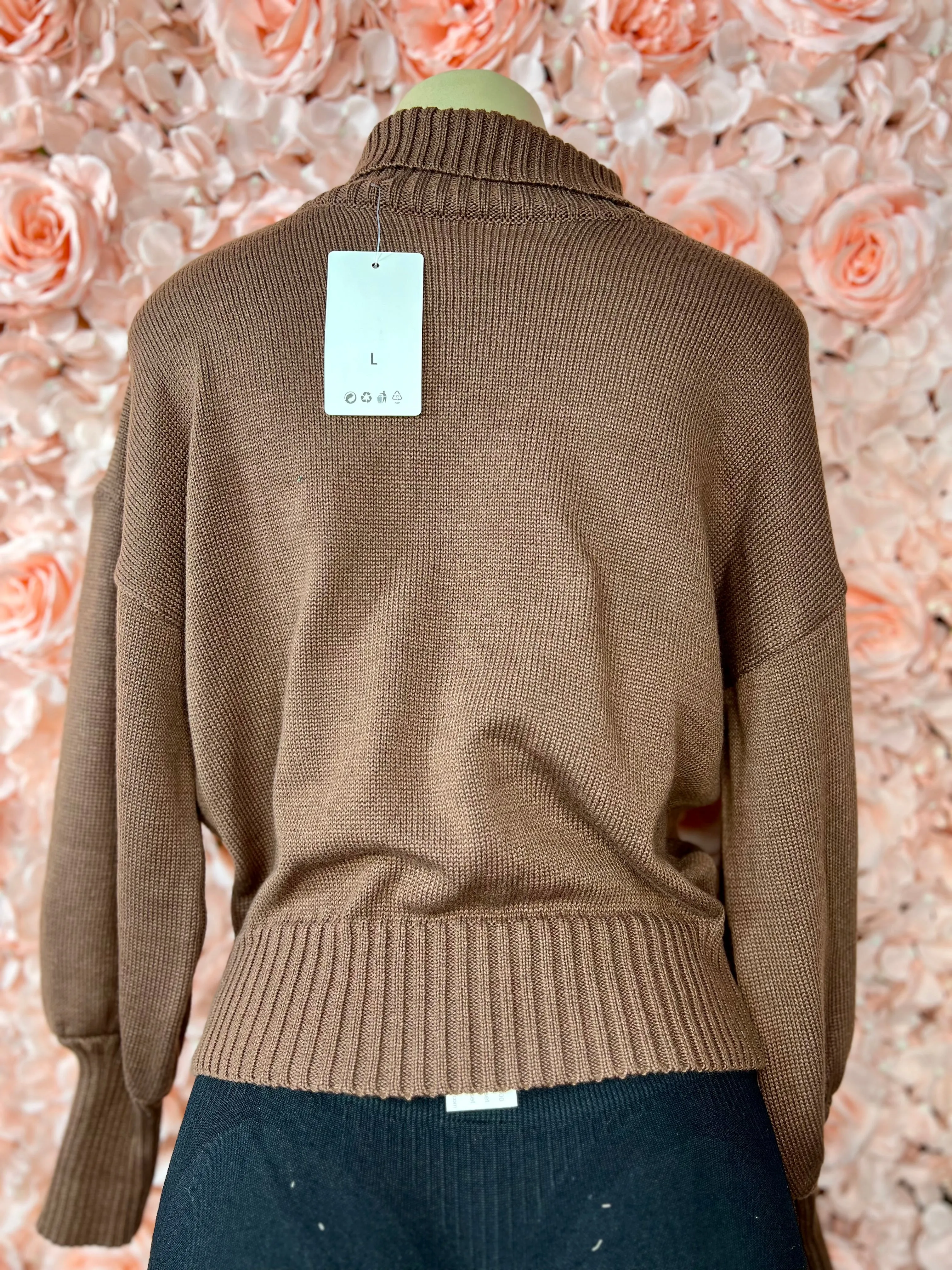 Priscilla Brown Or Red  Puff Sleeves Cinched waist turtleneck.