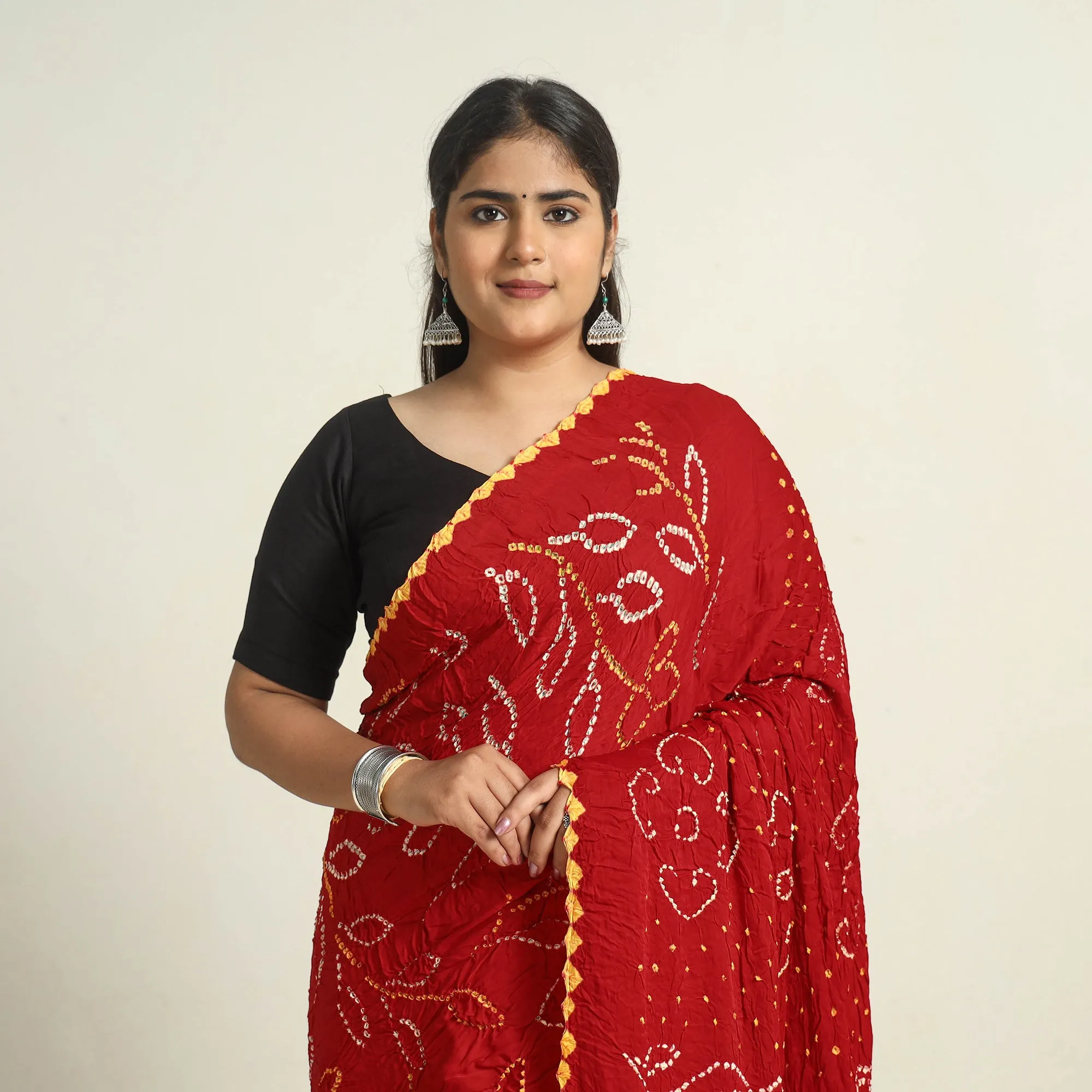 Red - Kutch Tie-Dye Modal Silk Bandhani Saree with Zari Border 66