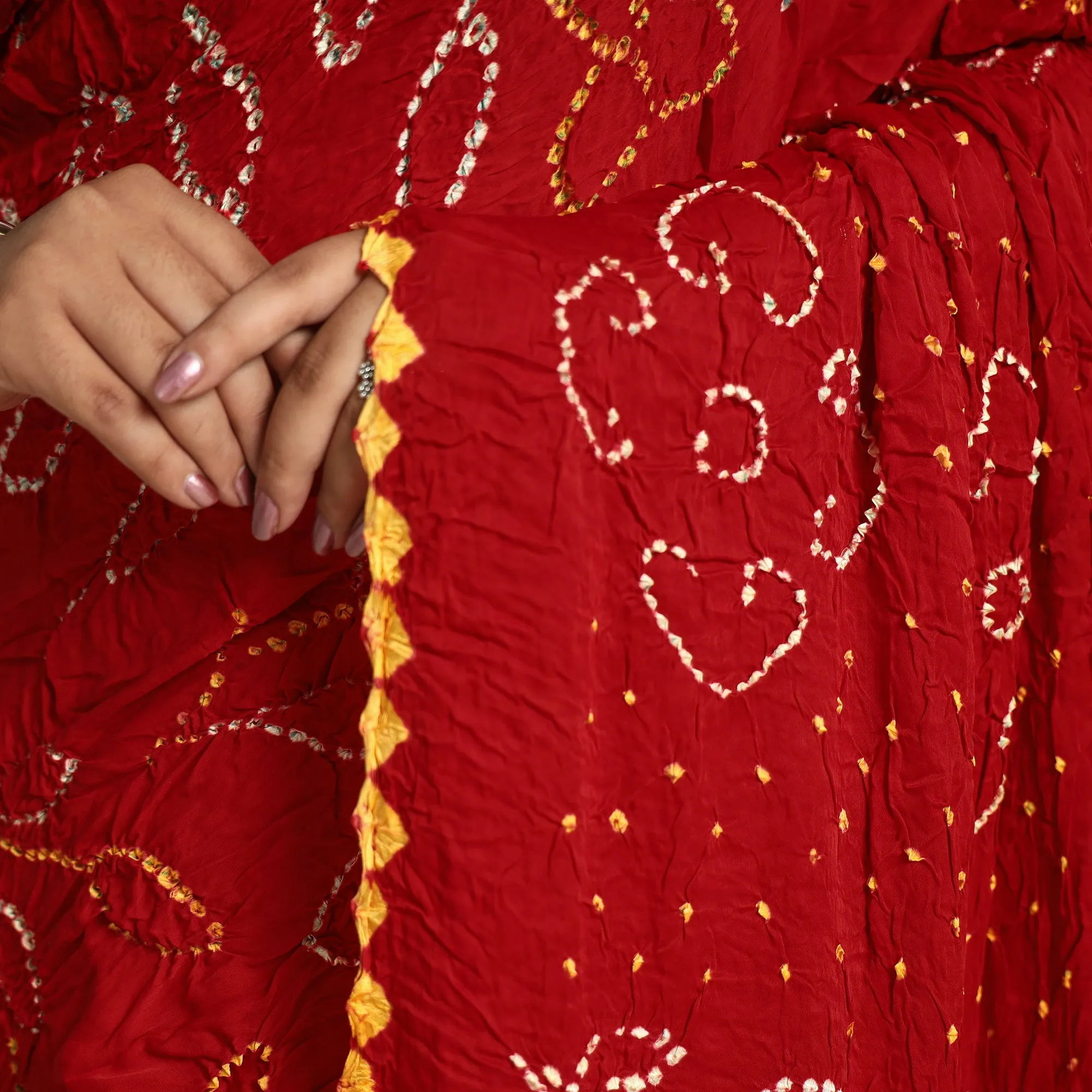 Red - Kutch Tie-Dye Modal Silk Bandhani Saree with Zari Border 66