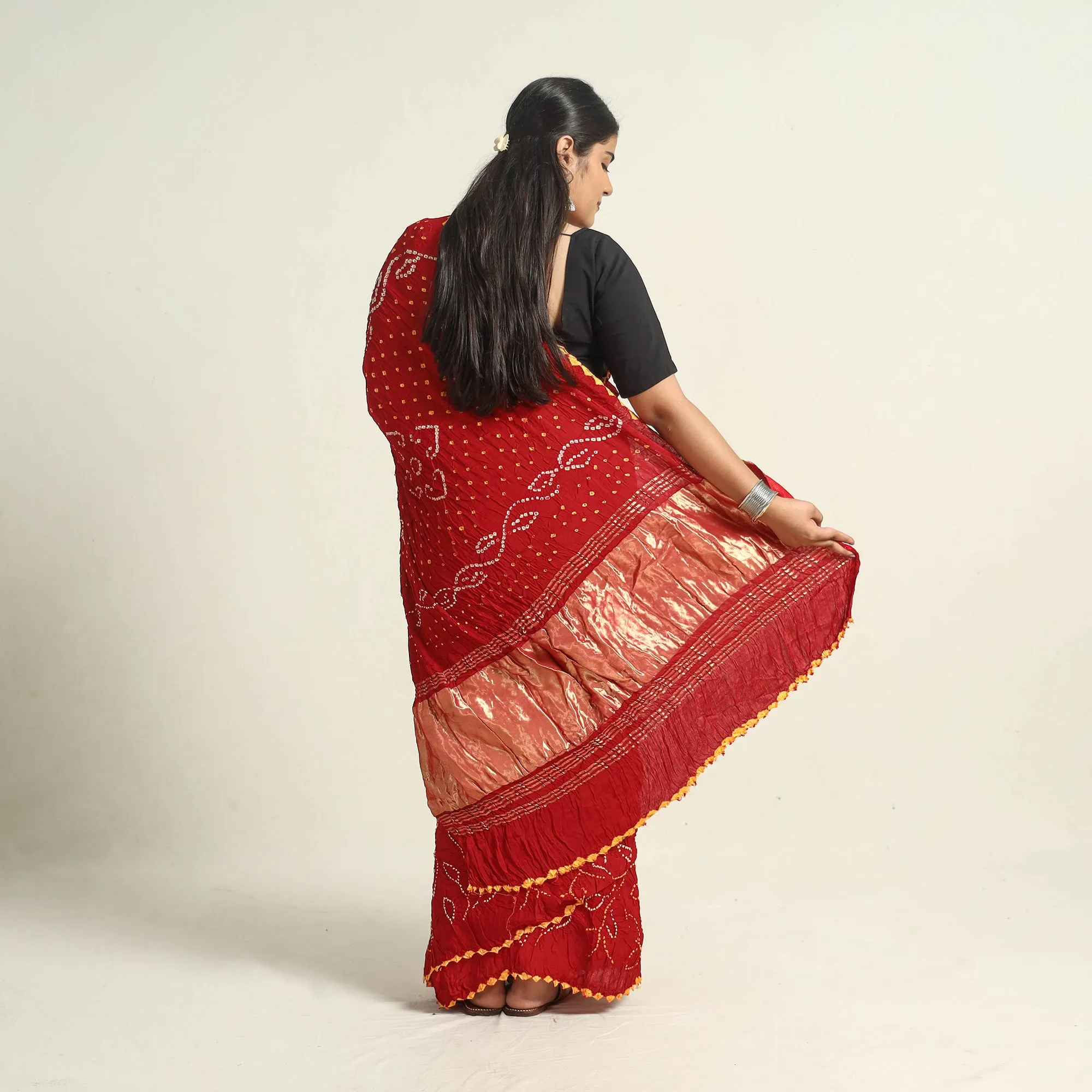 Red - Kutch Tie-Dye Modal Silk Bandhani Saree with Zari Border 66
