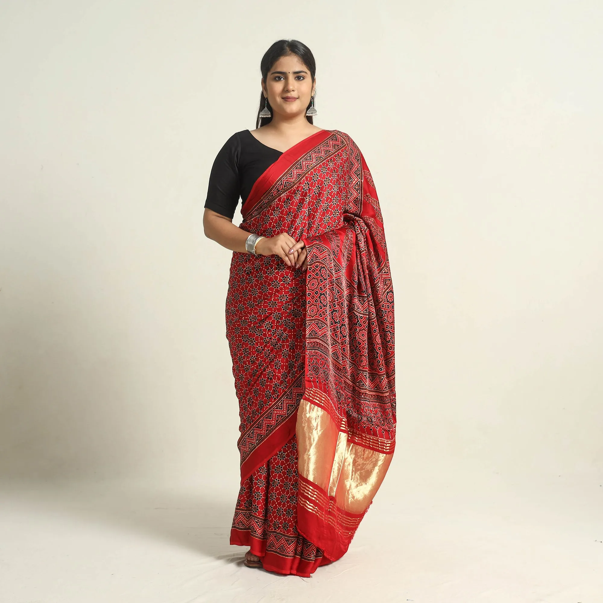 Red - Modal Silk Block Printed Ajrakh Saree with Zari Border 70