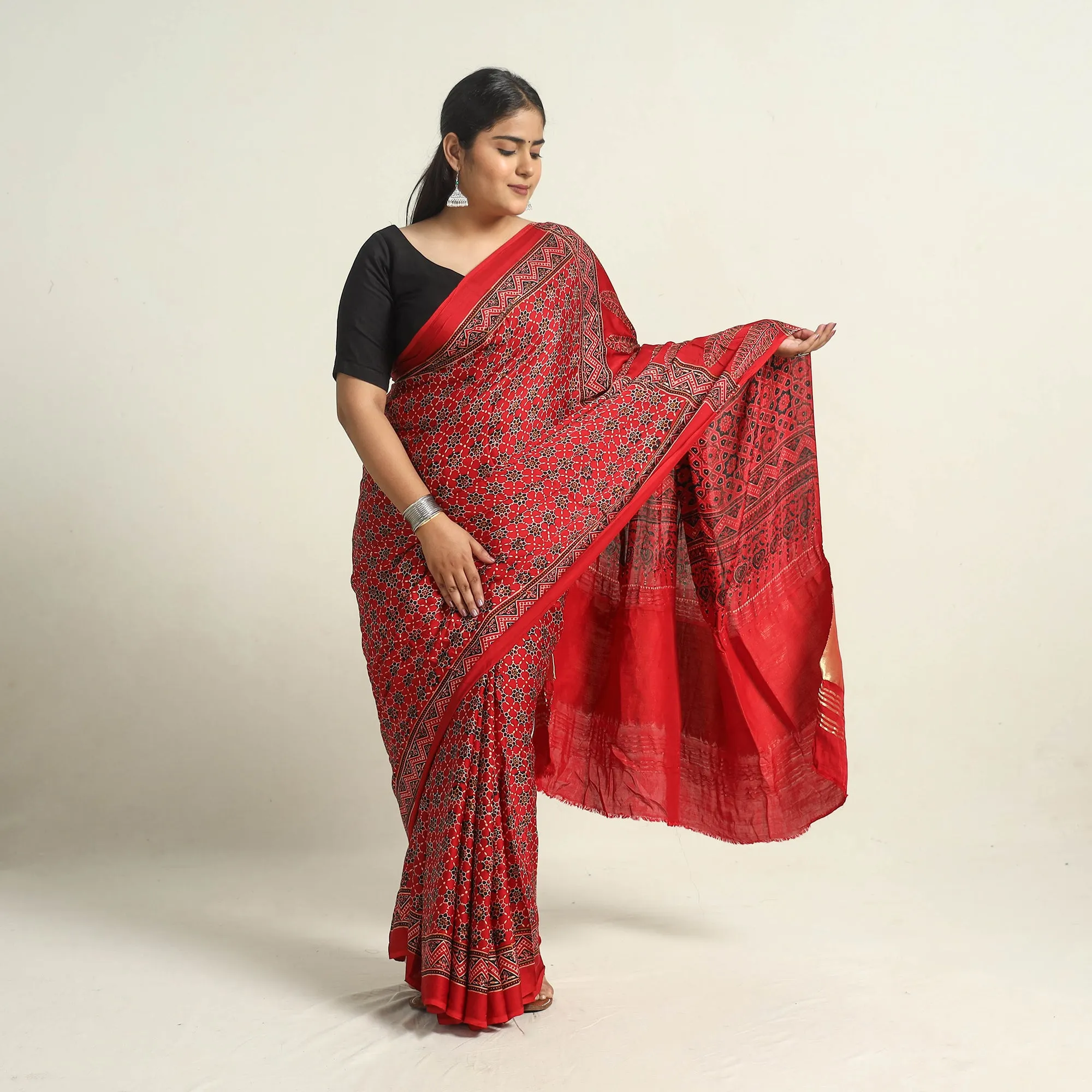 Red - Modal Silk Block Printed Ajrakh Saree with Zari Border 70