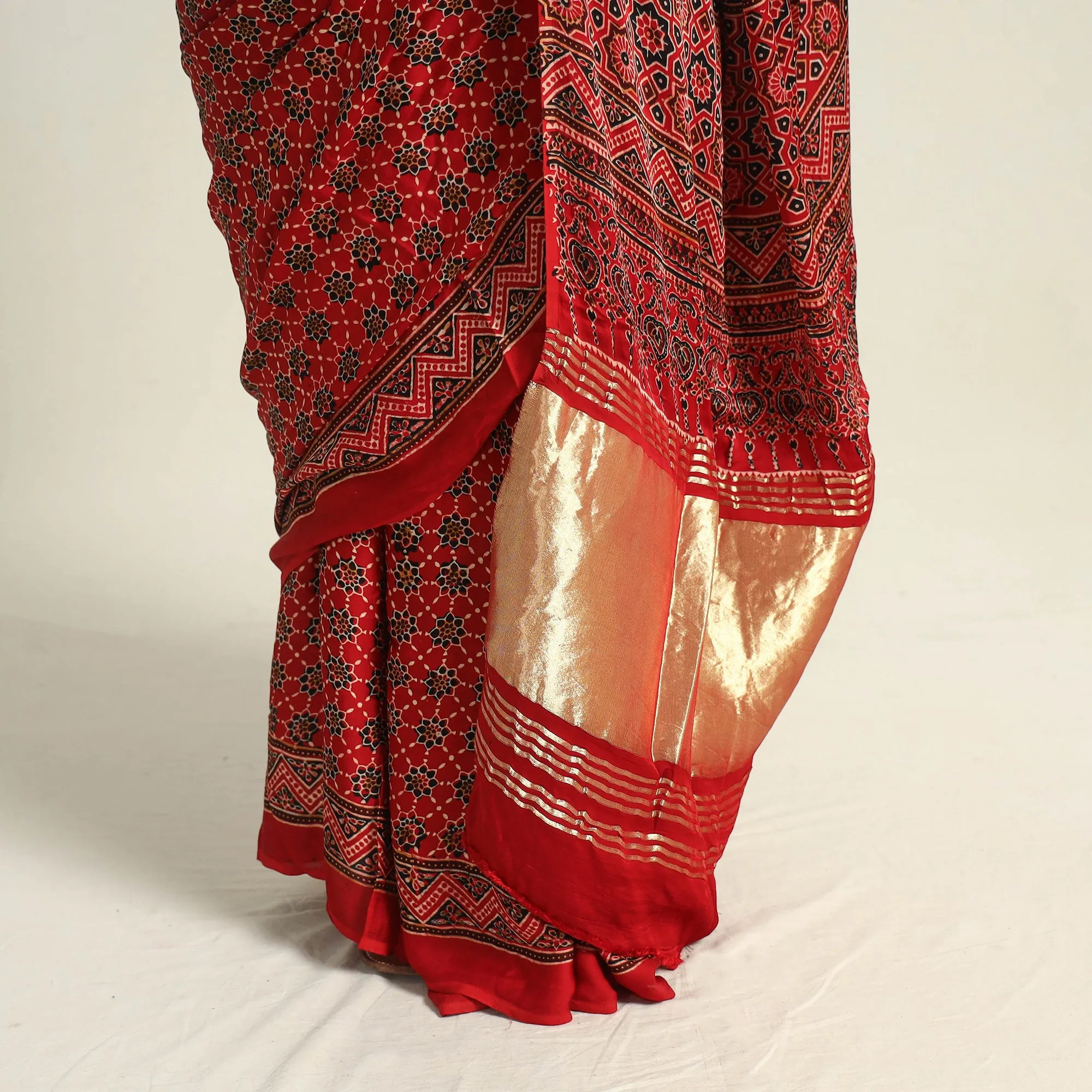 Red - Modal Silk Block Printed Ajrakh Saree with Zari Border 70
