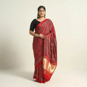 Red - Modal Silk Block Printed Ajrakh Saree with Zari Border 70