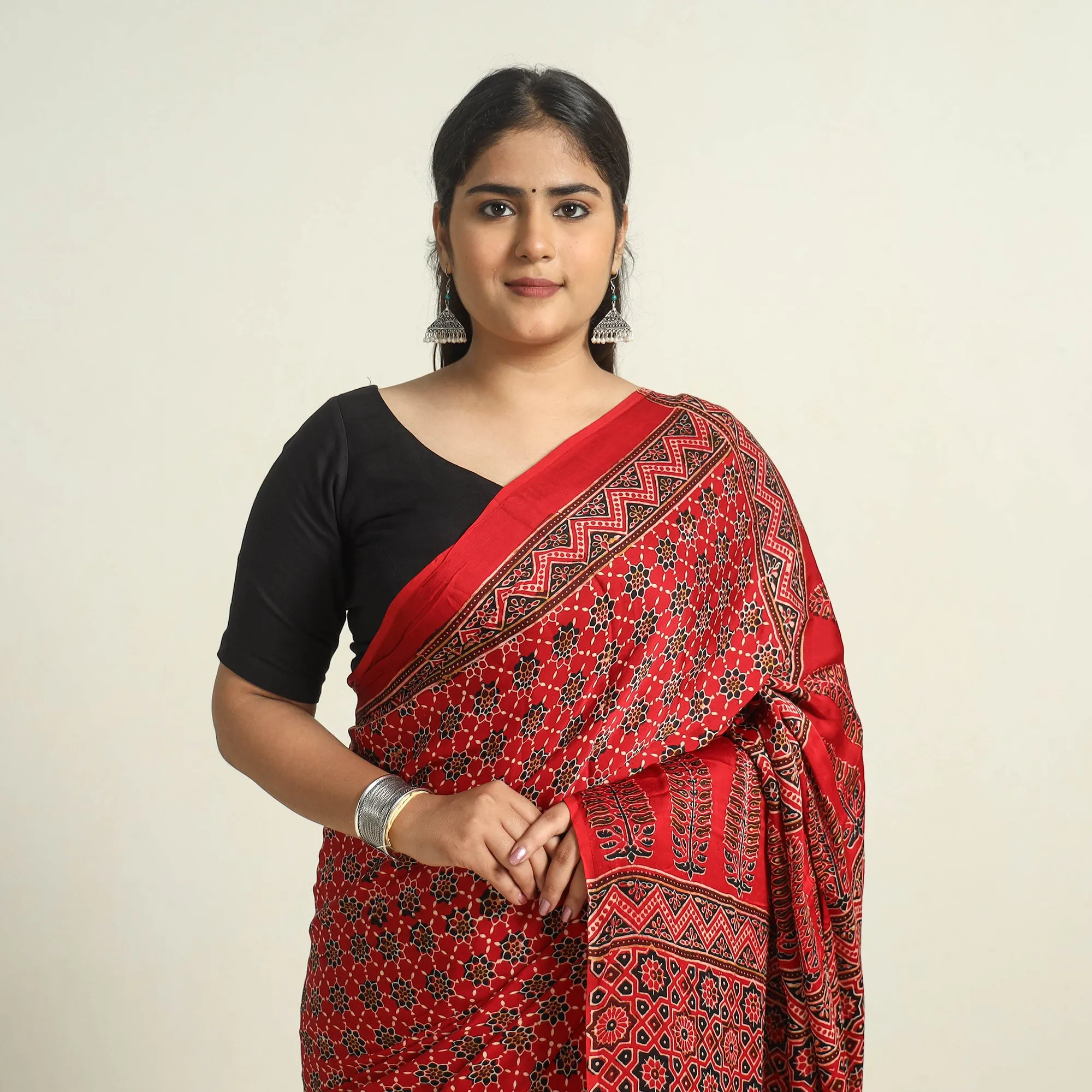 Red - Modal Silk Block Printed Ajrakh Saree with Zari Border 70