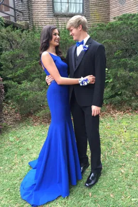 Royal Blue Mermaid Prom Dress  Open Back Sweep Train Prom Dress with Beading,SVD317