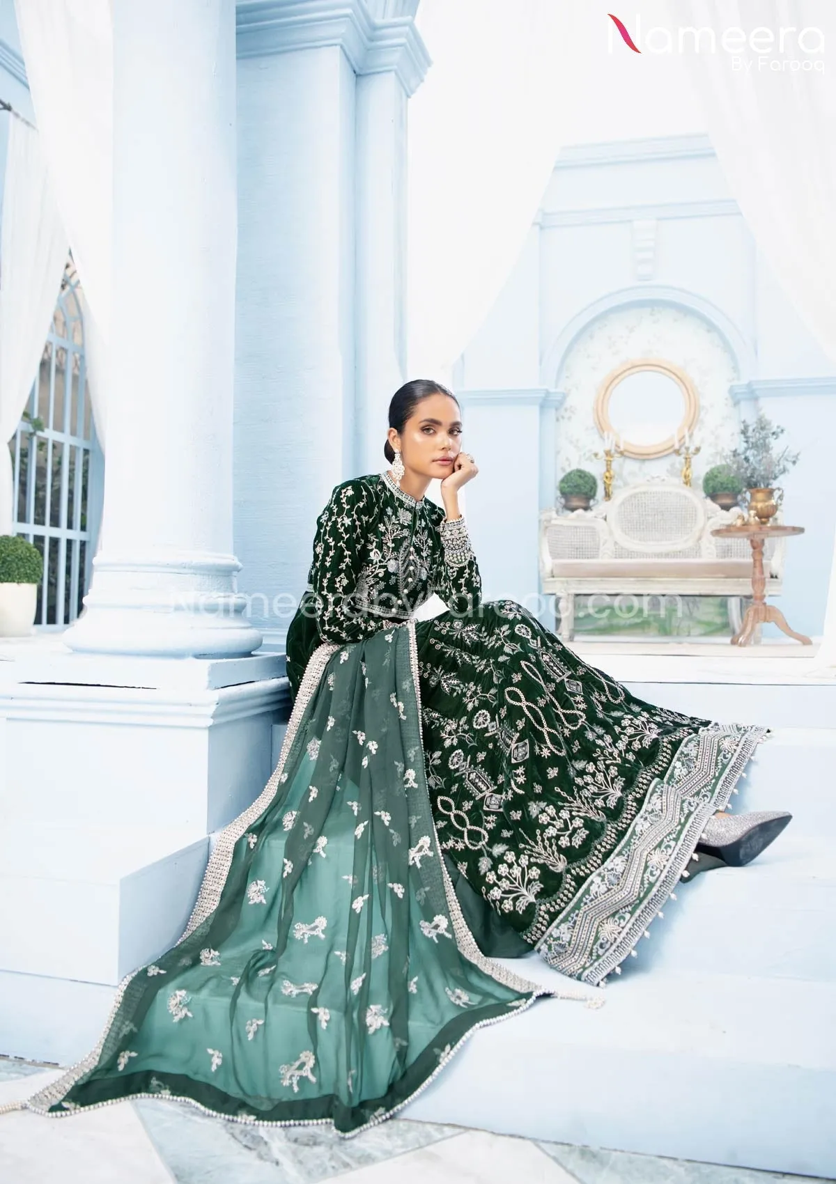 Royal Maxi Dress Pakistani in Bottle Green Shade #PF264