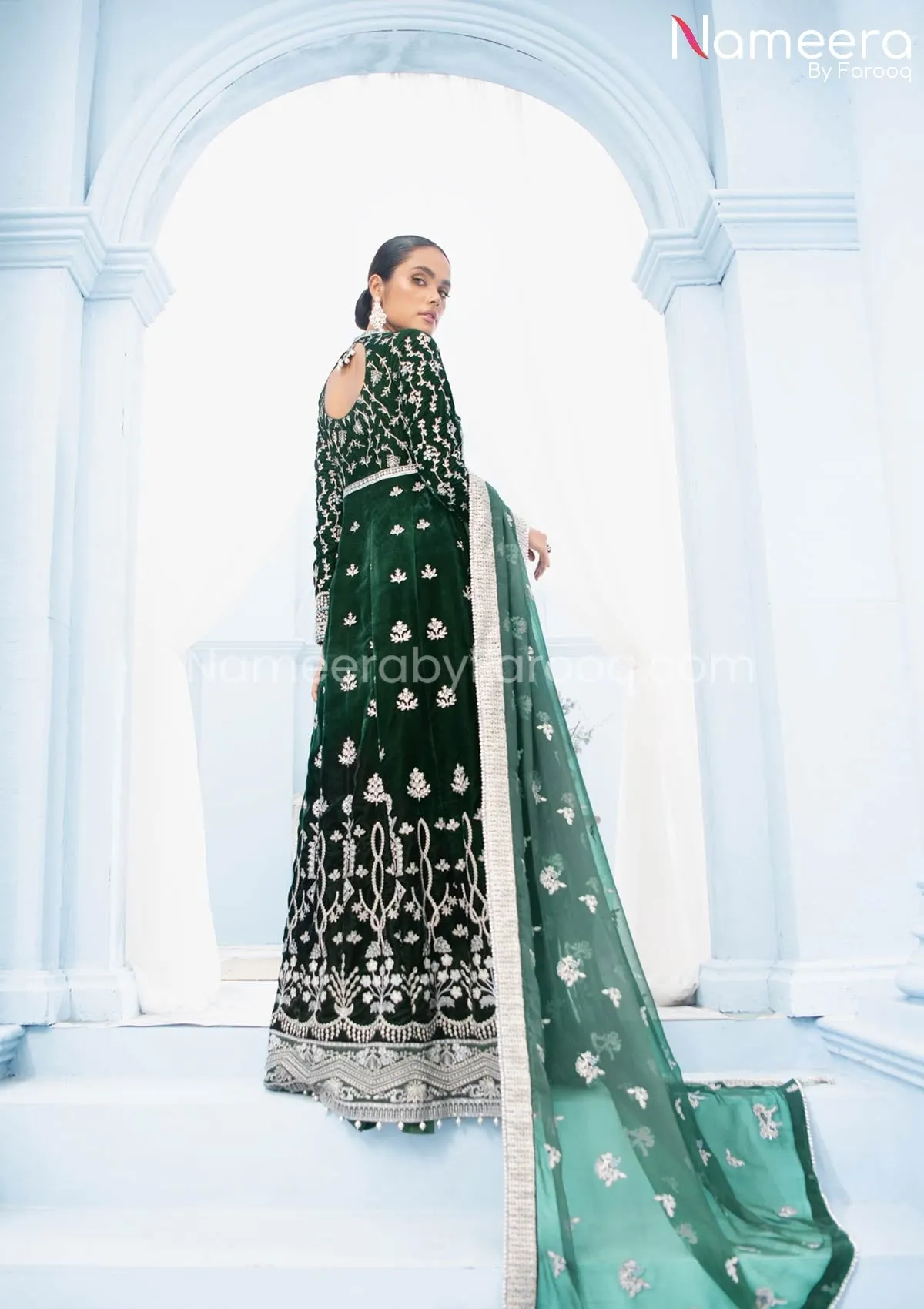 Royal Maxi Dress Pakistani in Bottle Green Shade #PF264