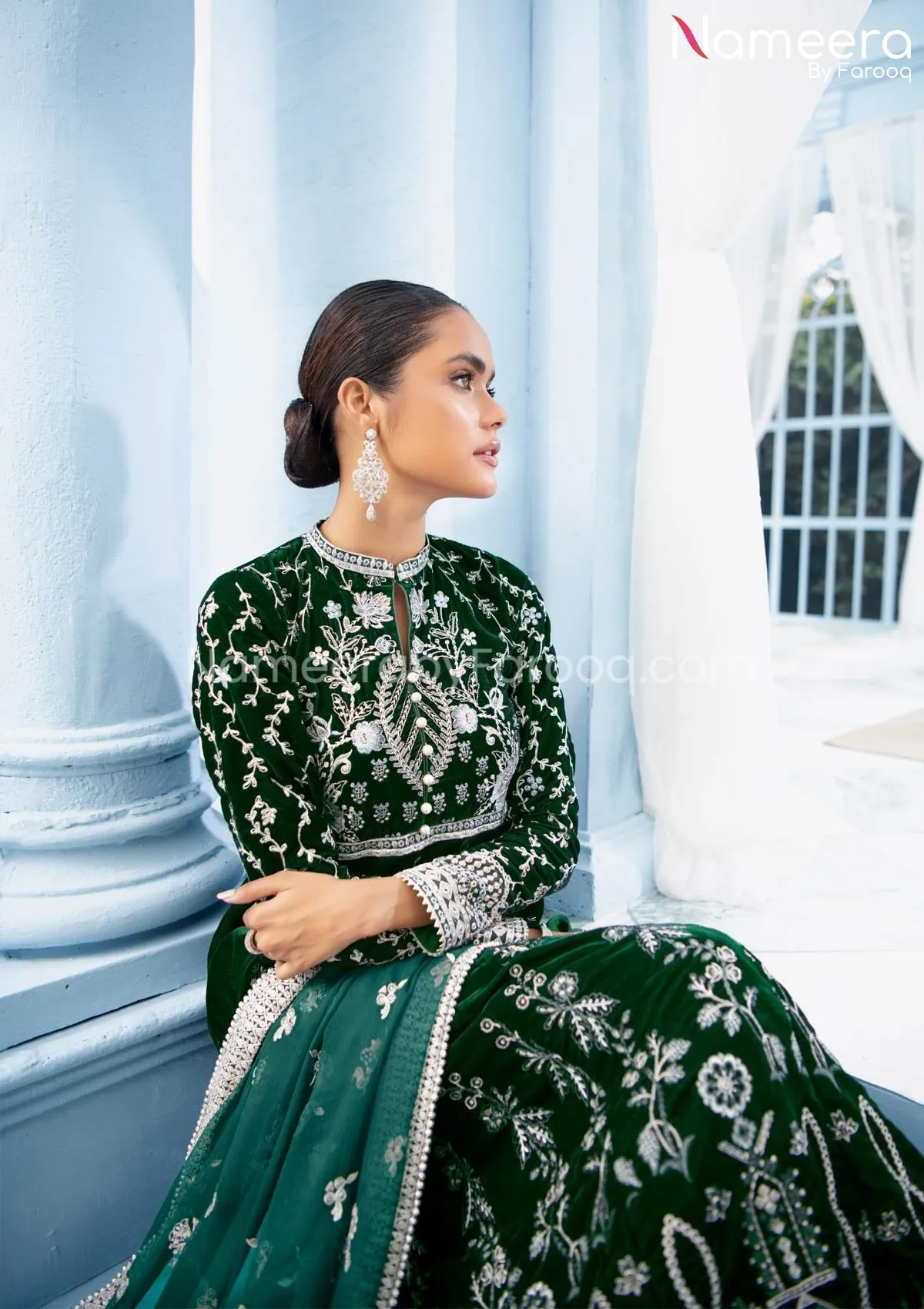 Royal Maxi Dress Pakistani in Bottle Green Shade #PF264