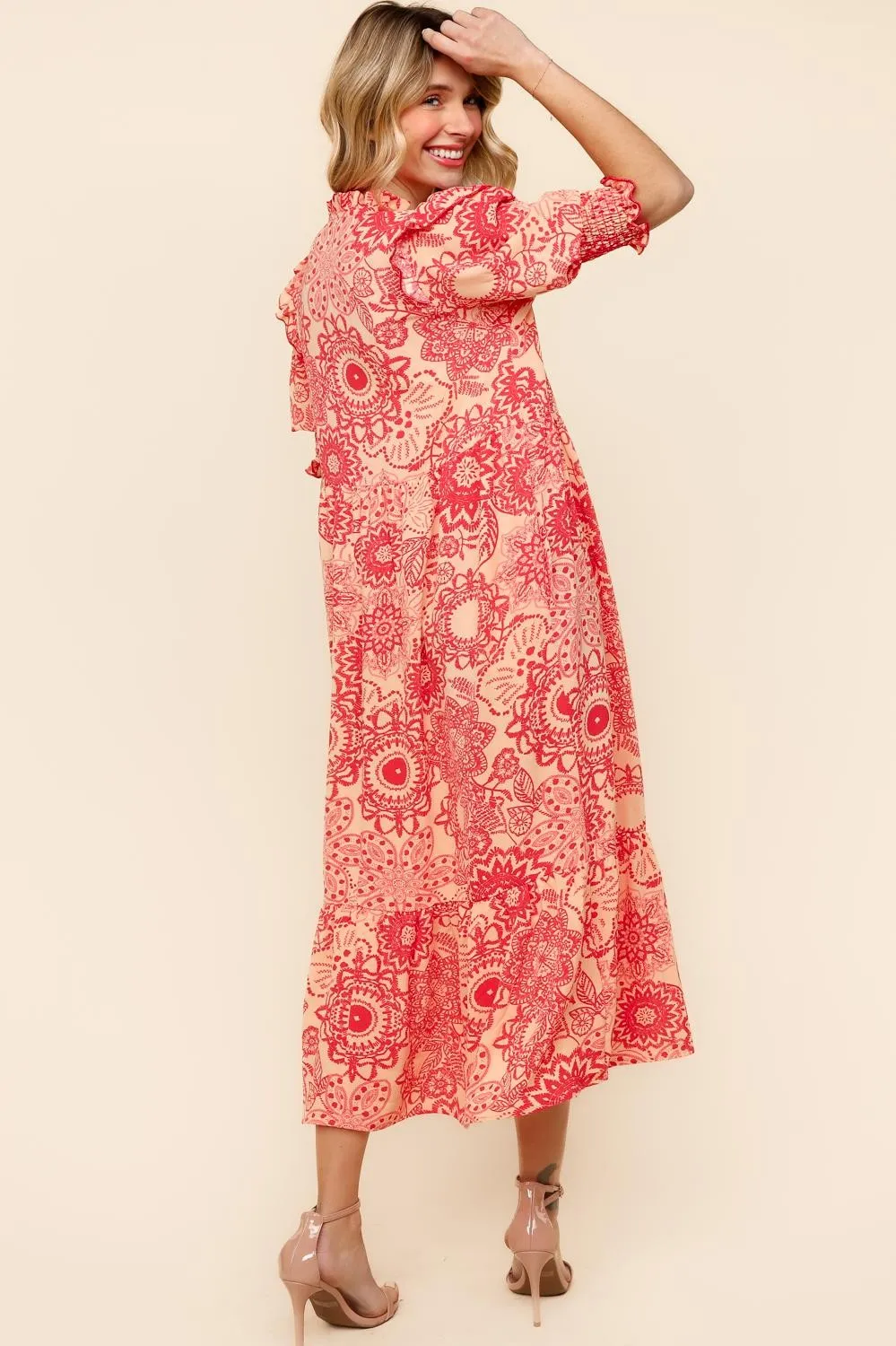 RUFFLED NOTCH NECK MIDI DRESS W/ SIDE POCKETS