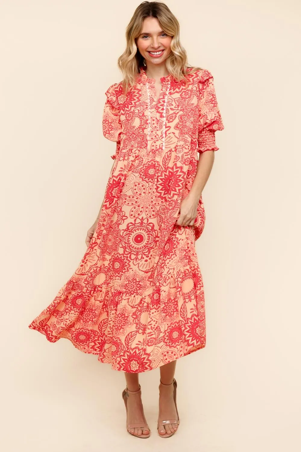 RUFFLED NOTCH NECK MIDI DRESS W/ SIDE POCKETS