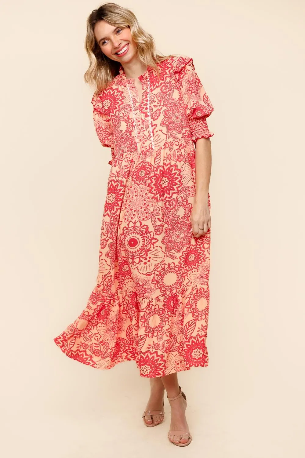 RUFFLED NOTCH NECK MIDI DRESS W/ SIDE POCKETS