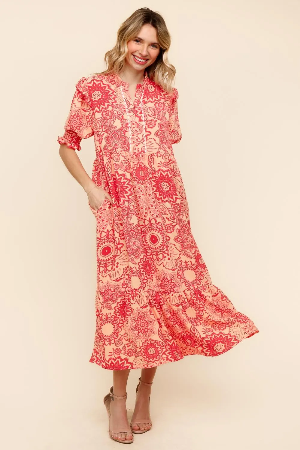 RUFFLED NOTCH NECK MIDI DRESS W/ SIDE POCKETS
