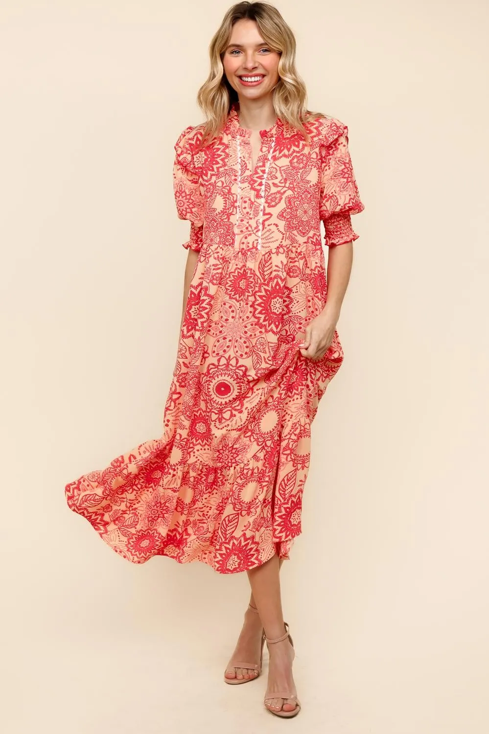 RUFFLED NOTCH NECK MIDI DRESS W/ SIDE POCKETS