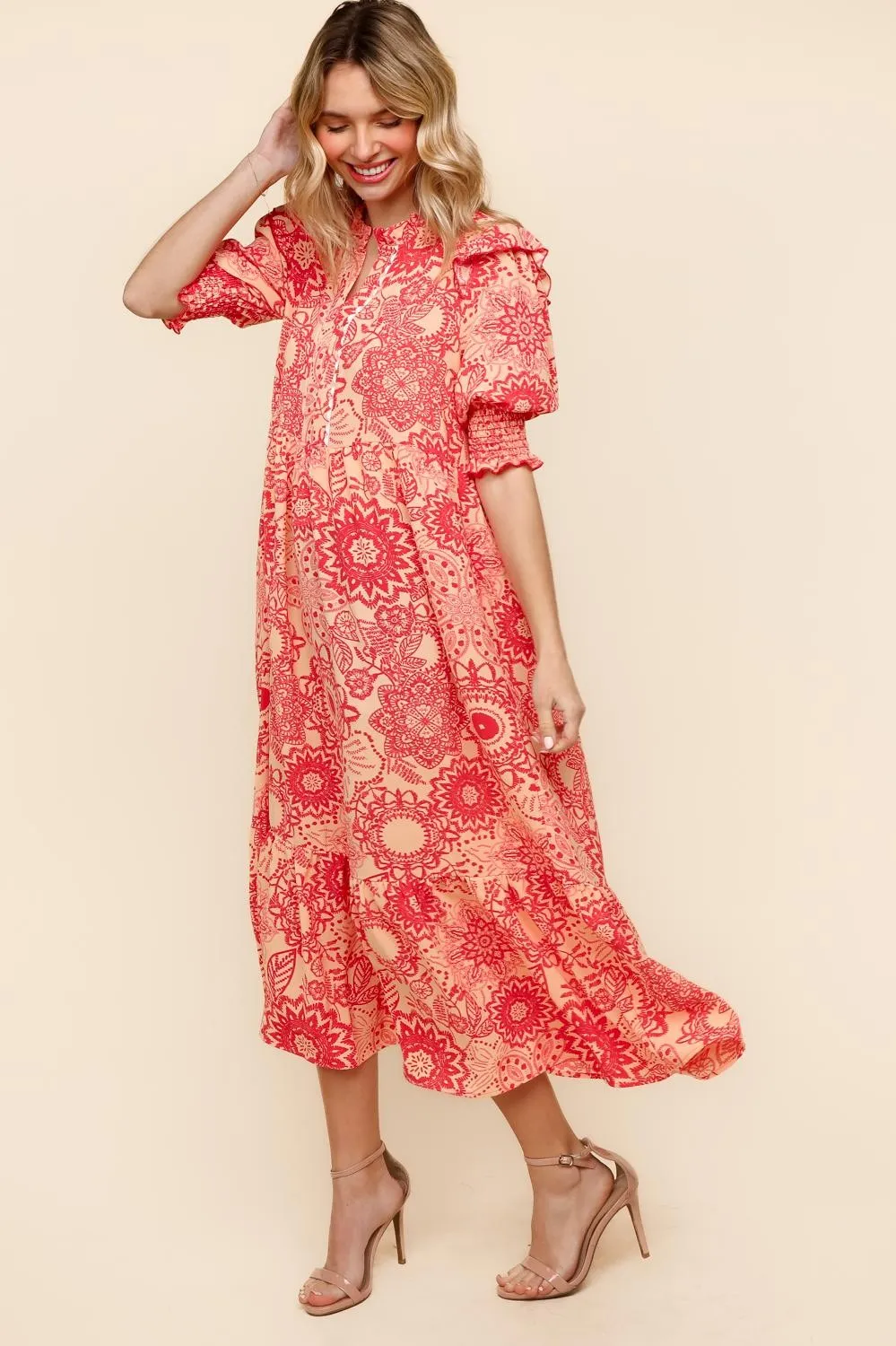 RUFFLED NOTCH NECK MIDI DRESS W/ SIDE POCKETS