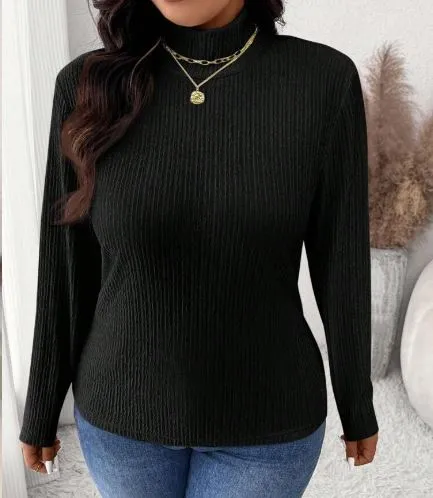 Shein Frenchy Plus Size Form-Fitting Black Turtleneck Ribbed Texture Long Sleeve T-Shirt, XXL  