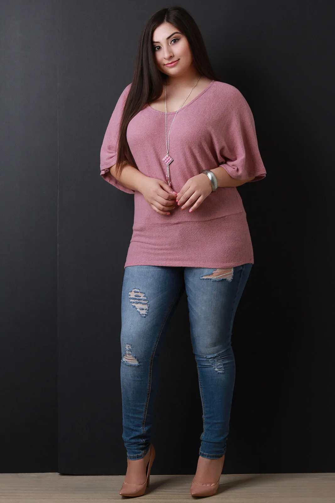 Soft Knit Dolman Sleeve Layer Necklace Top