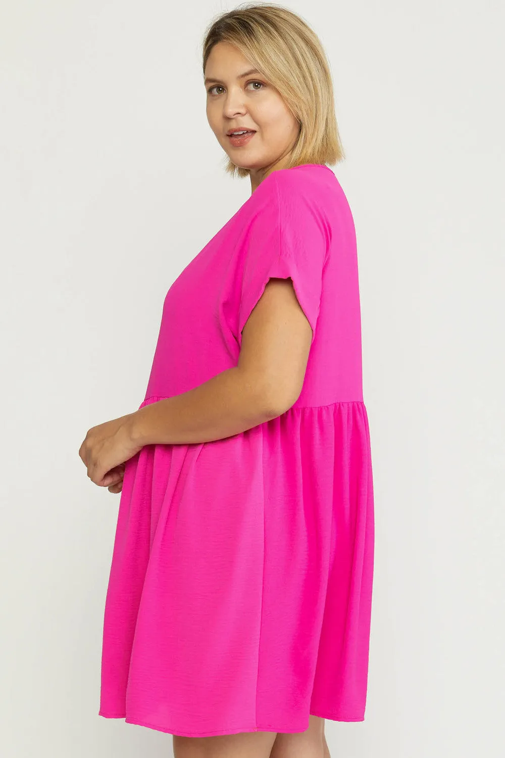 Solid Rolled Sleeve Basic Babydoll Dress in Plus Size by Entro Clothing