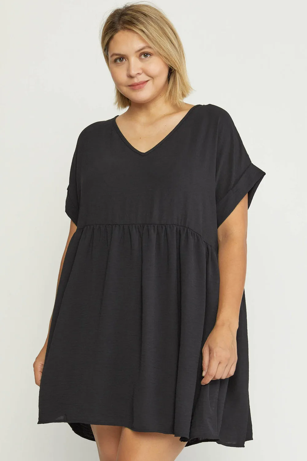 Solid Rolled Sleeve Basic Babydoll Dress in Plus Size by Entro Clothing