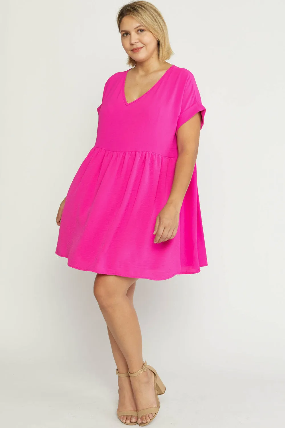 Solid Rolled Sleeve Basic Babydoll Dress in Plus Size by Entro Clothing