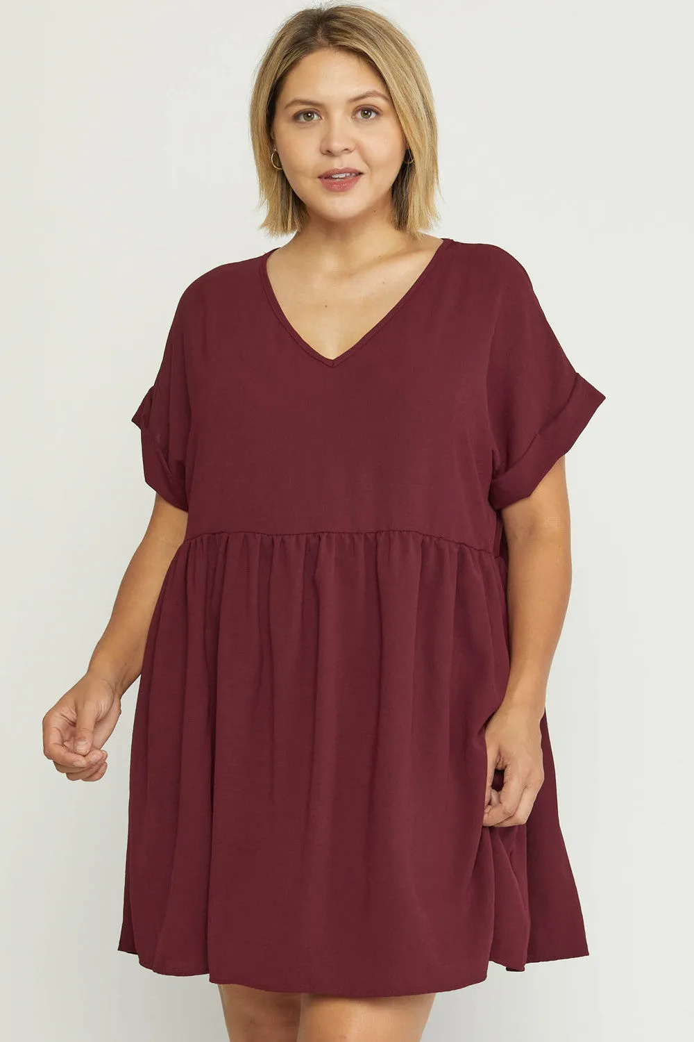 Solid Rolled Sleeve Basic Babydoll Dress in Plus Size by Entro Clothing