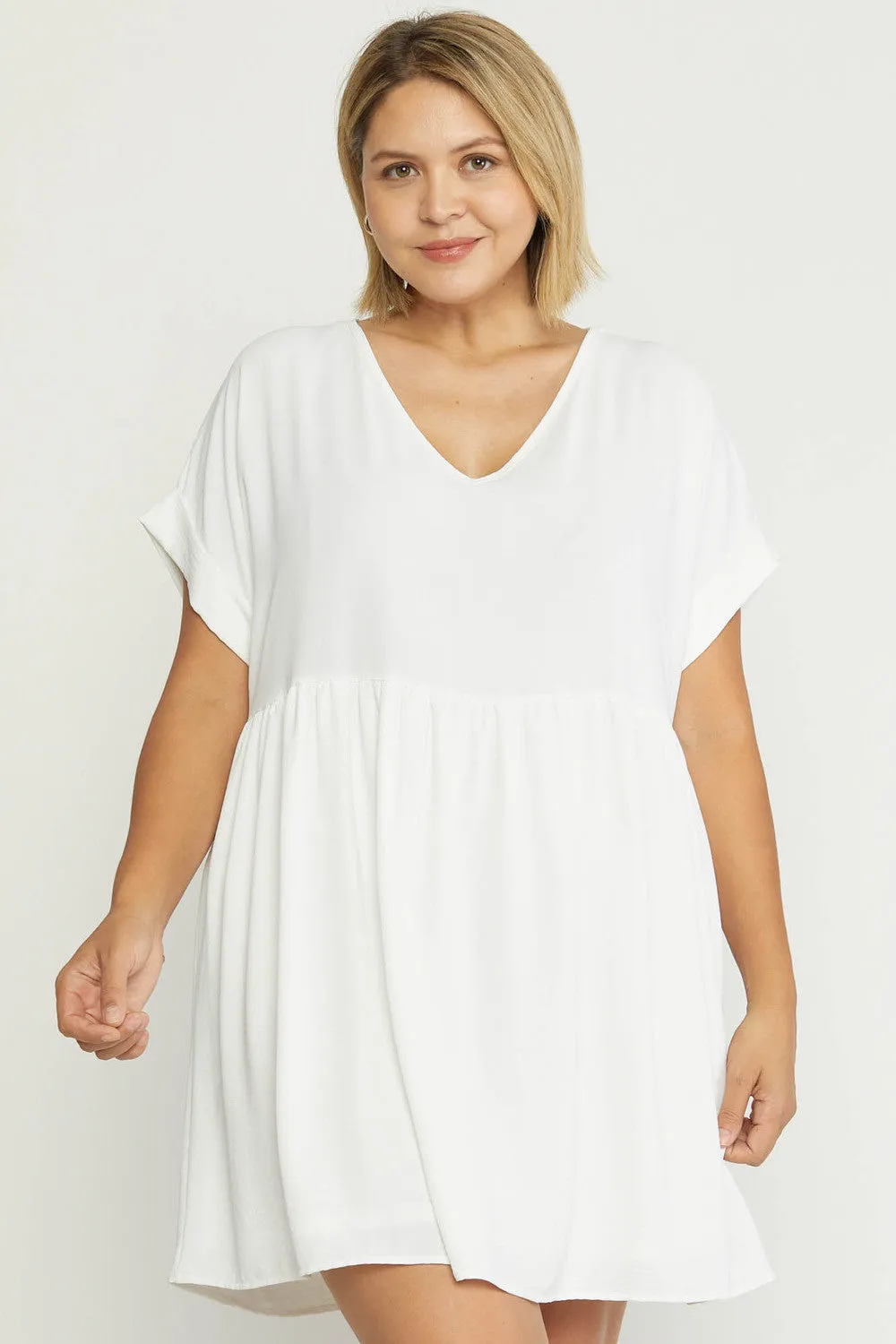 Solid Rolled Sleeve Basic Babydoll Dress in Plus Size by Entro Clothing