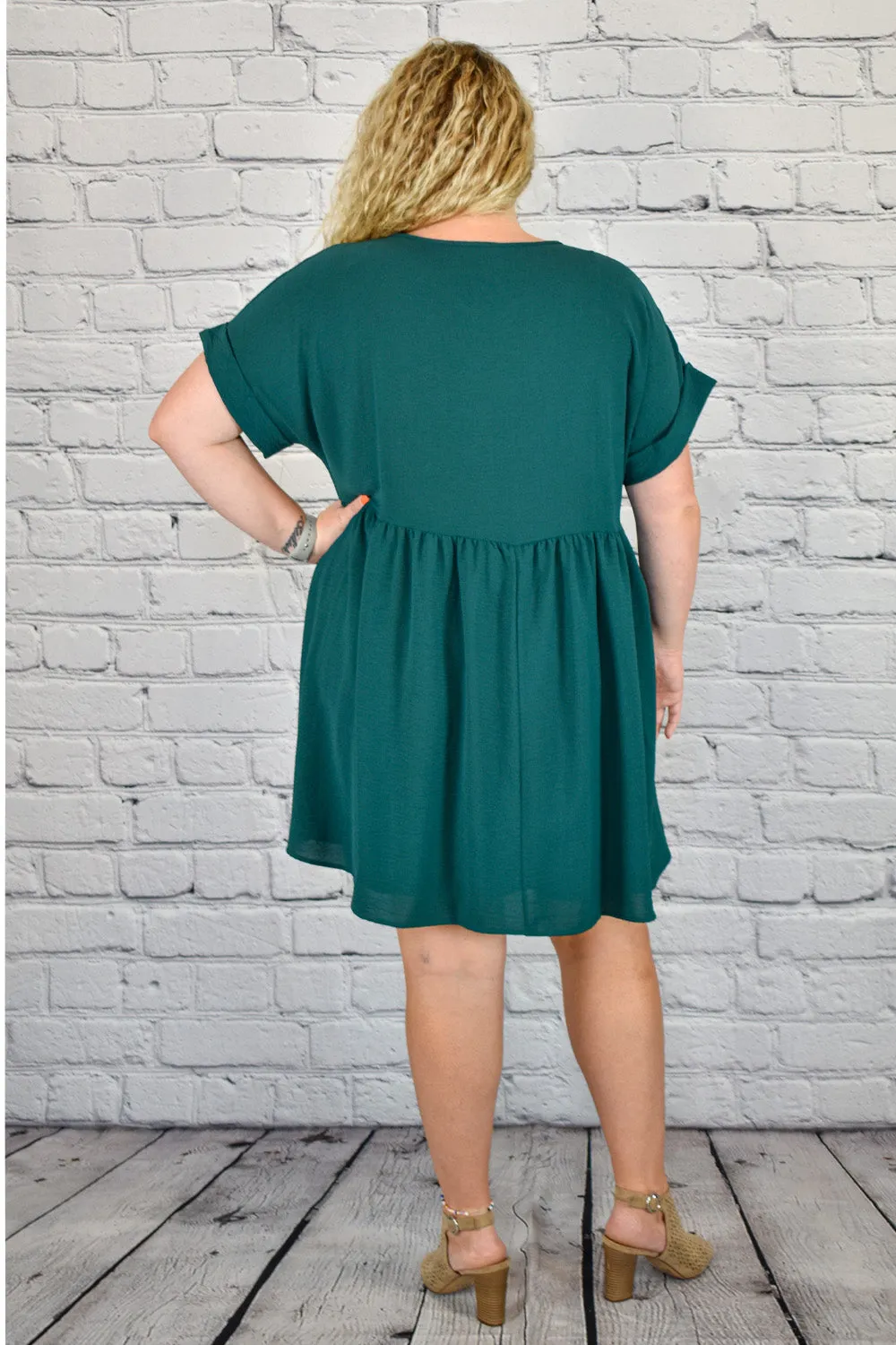 Solid Rolled Sleeve Basic Babydoll Dress in Plus Size by Entro Clothing