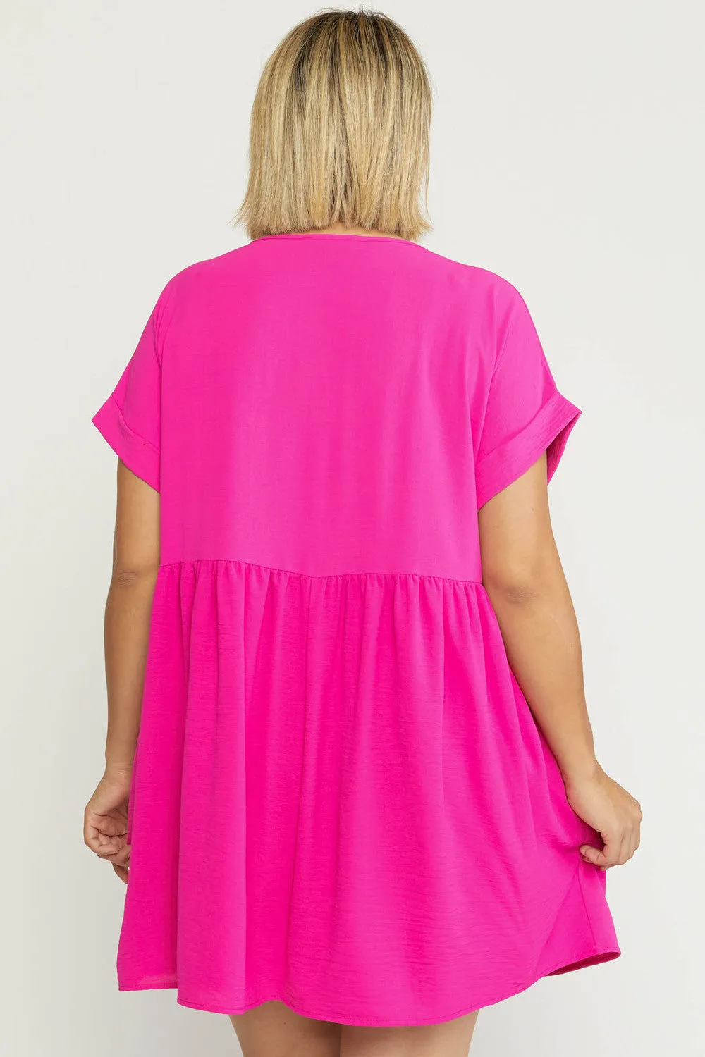 Solid Rolled Sleeve Basic Babydoll Dress in Plus Size by Entro Clothing